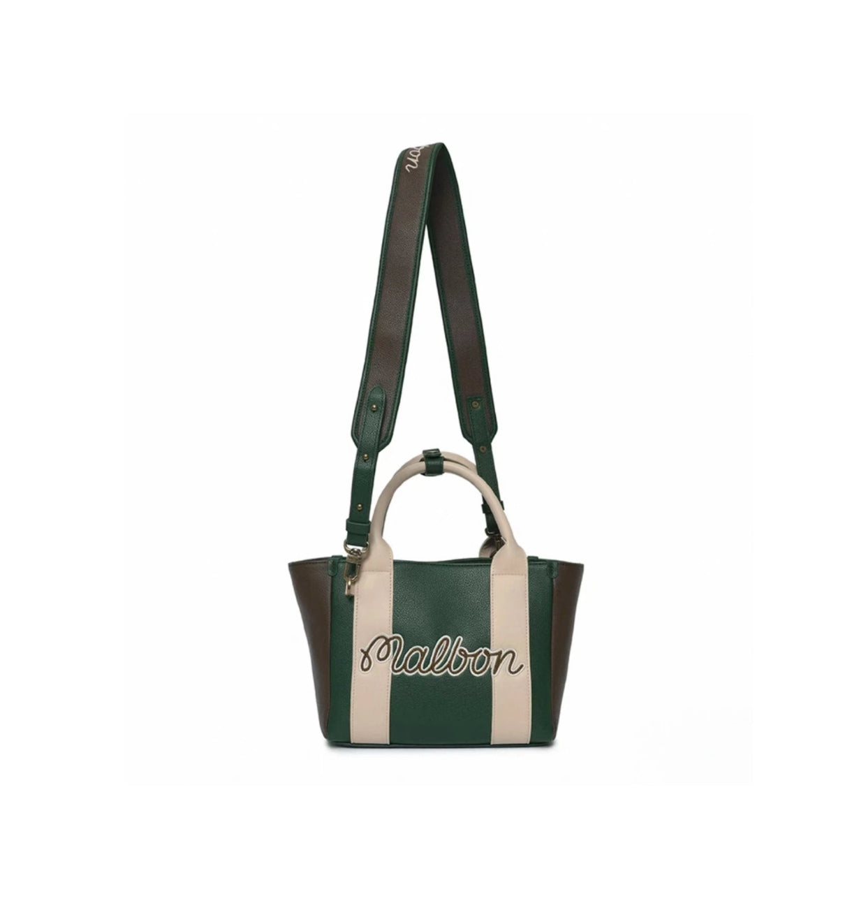 Front view of the Malbon green and brown mini tote bag with elegant cursive "Malbon" logo on cream-colored panels. Premium synthetic leather with retro golf style and dual-handle functionality.

