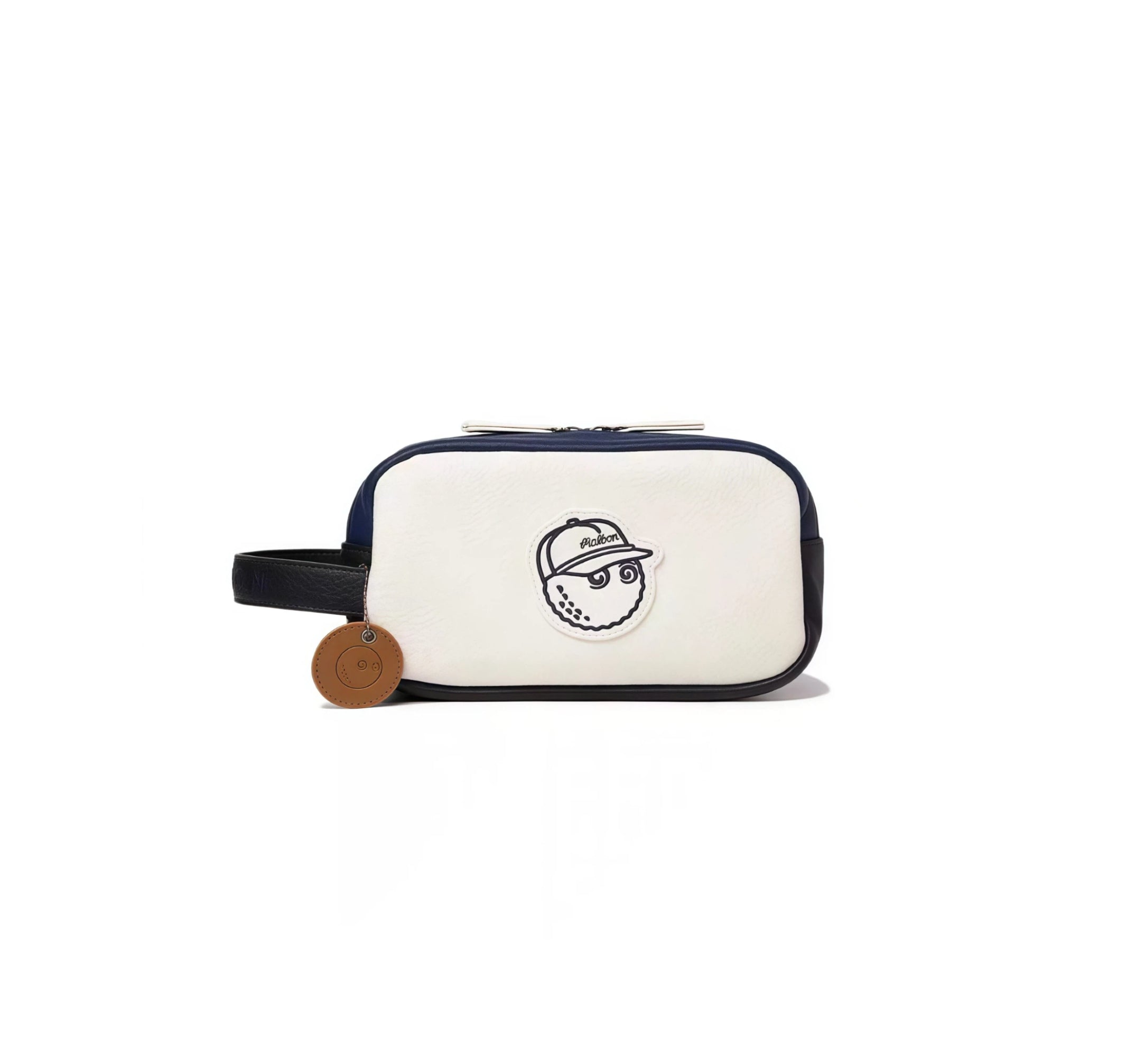 Navy and white Malbon clutch featuring a cute golf ball character wearing a cap with "Malbon" text. Includes a brown leather charm with smiley face. Ideal for golf accessories or everyday fashion.
