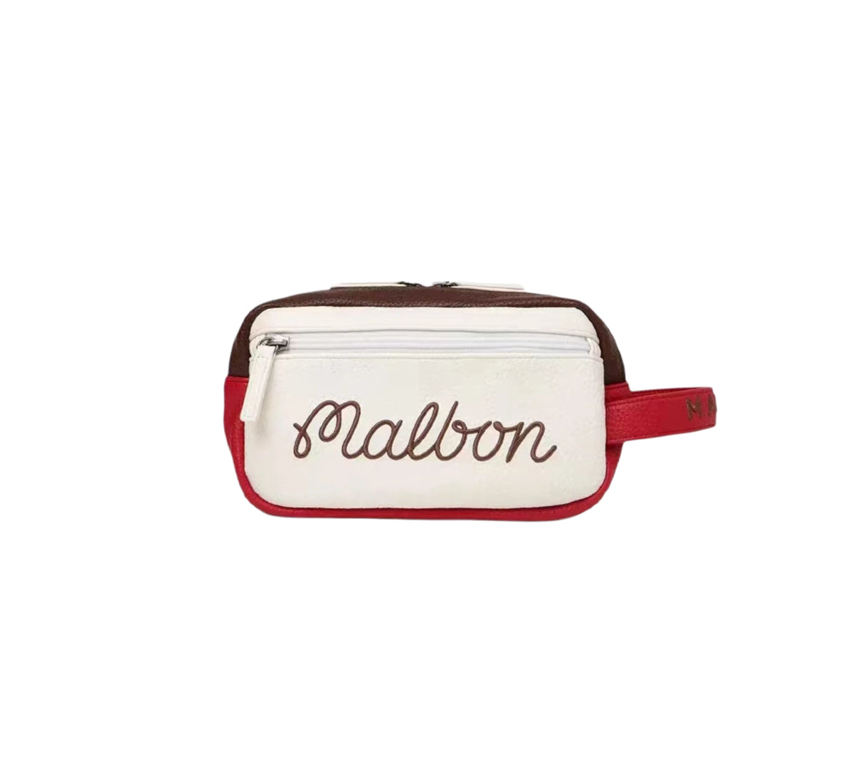 Front view of the Malbon clutch in red and brown tones with a white center panel showcasing the cursive "Malbon" logo. Premium texture and clean lines make it ideal for casual or sporty outfits.
