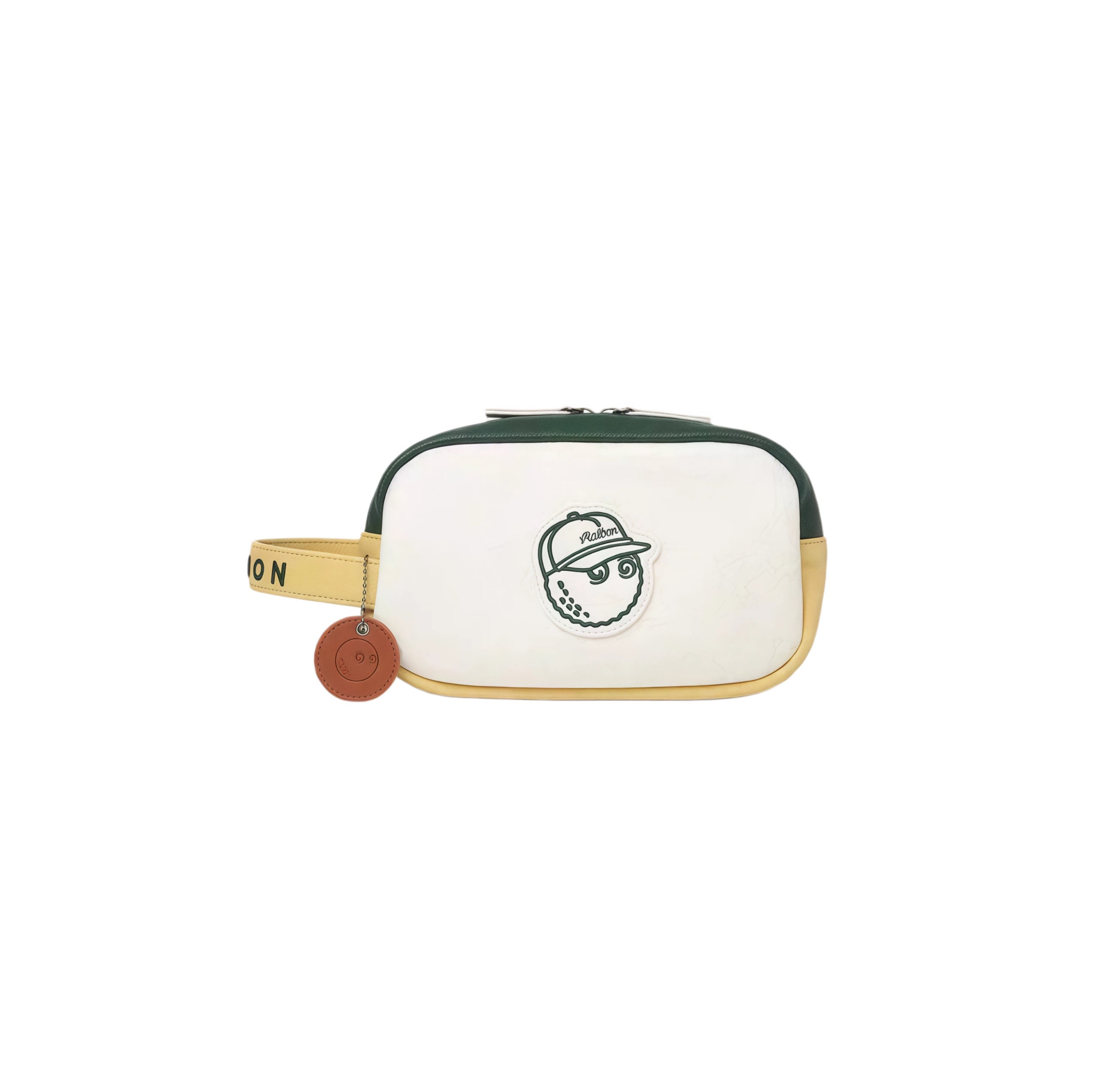 Green and yellow Malbon clutch bag with a white center panel featuring a golf ball mascot wearing a cap. Includes a tan leather strap and round smiley tag. Vibrant, fun design for fashion-forward golfers.