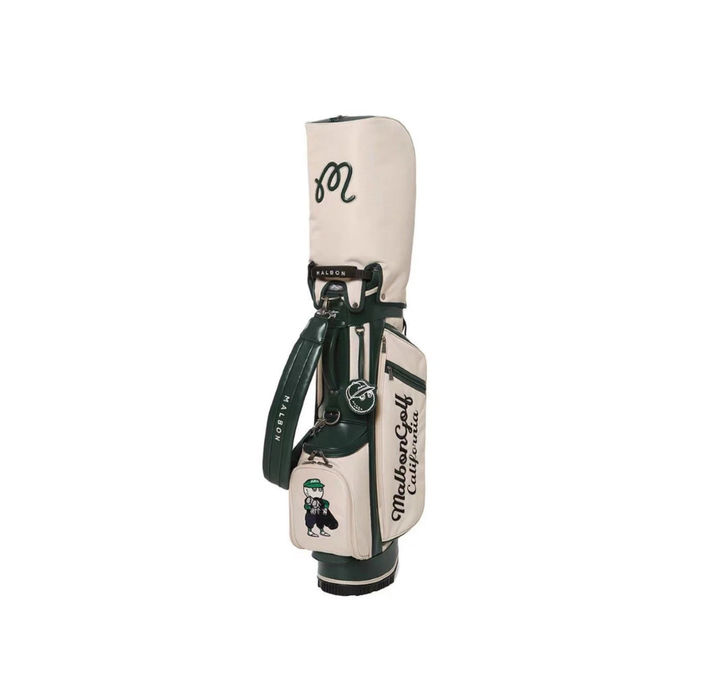 Malbon Fashion Golf Stand Bag back view featuring cartoon caddy character embroidery, “Malbon Golf California” script, and dual cap holders - magnetic closure for secure fit and club protection
