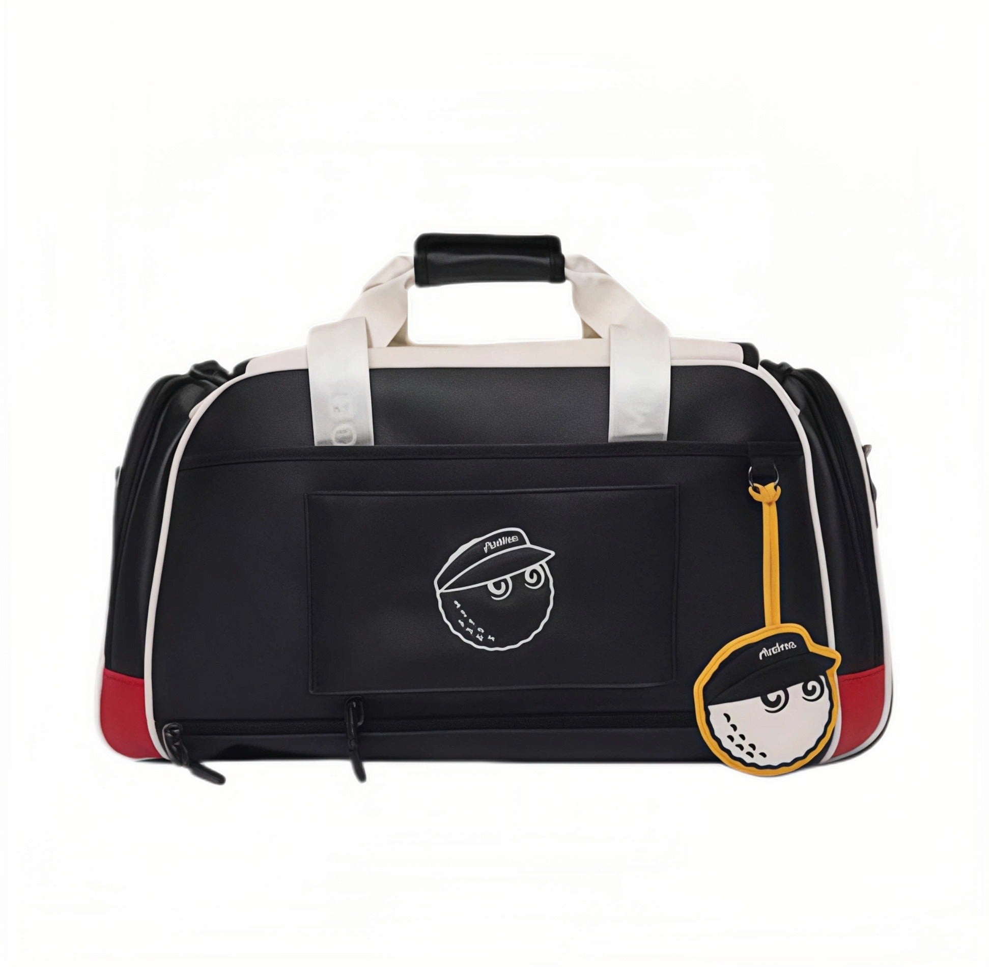 Rear view of Malbon Golf duffle bag showing embroidered cartoon golf ball character wearing cap, paired with matching yellow luggage tag