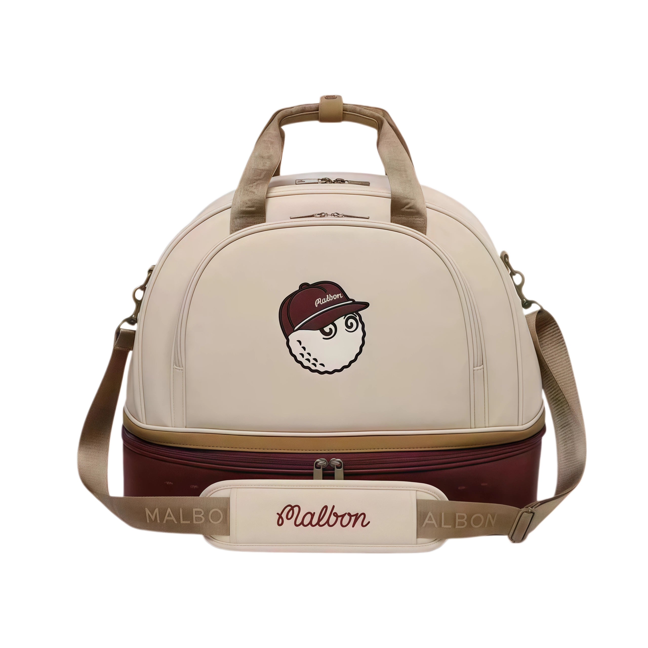 Front view of beige Malbon duffle bag with burgundy bottom section, brown straps, and cartoon golf ball wearing red cap with "Malbon" text