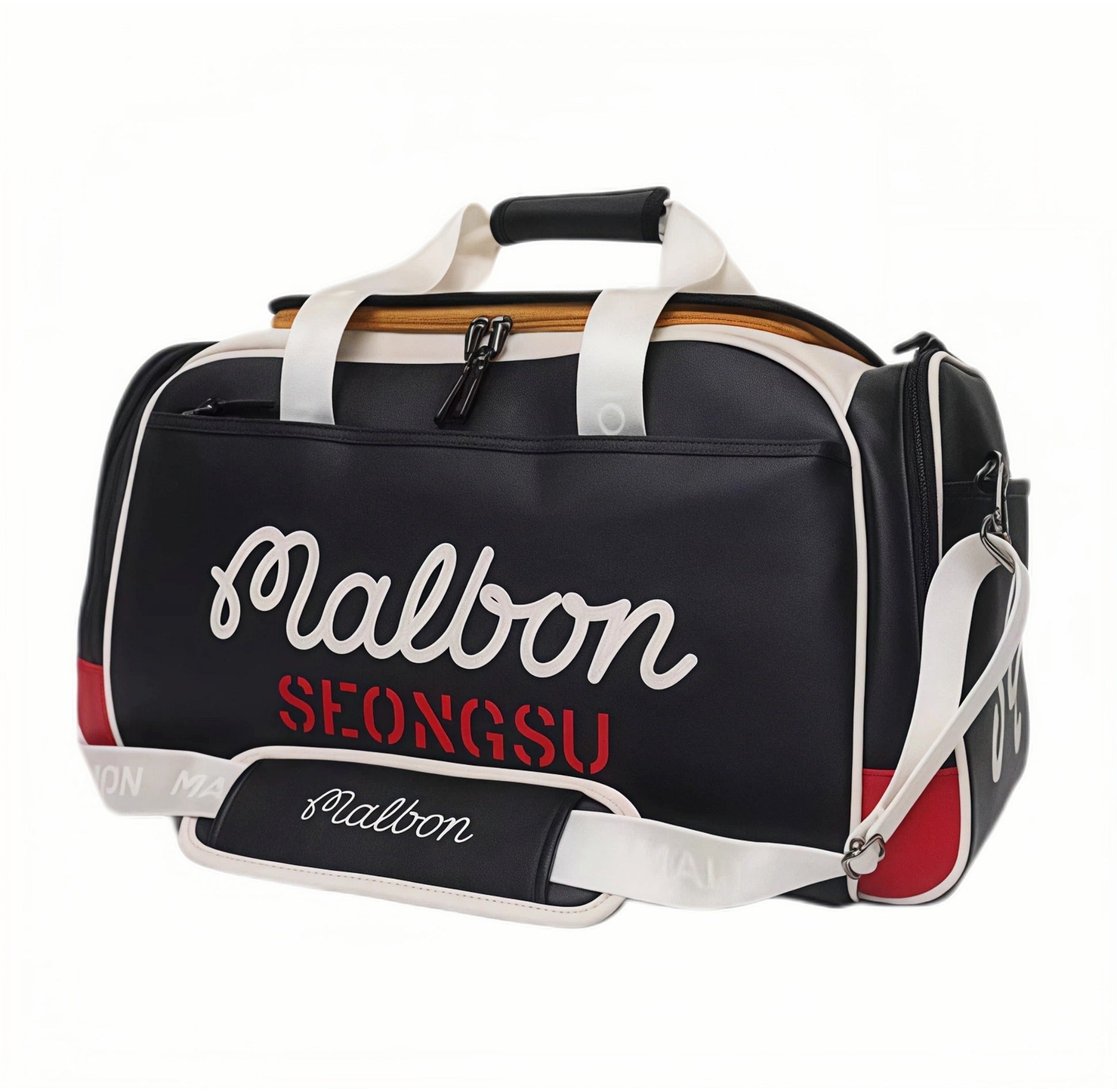 Front view of Malbon Golf Boston bag in black, white, and red PU leather featuring large "Malbon" script logo and bold "SEONGSU" text, ideal for golf and travel