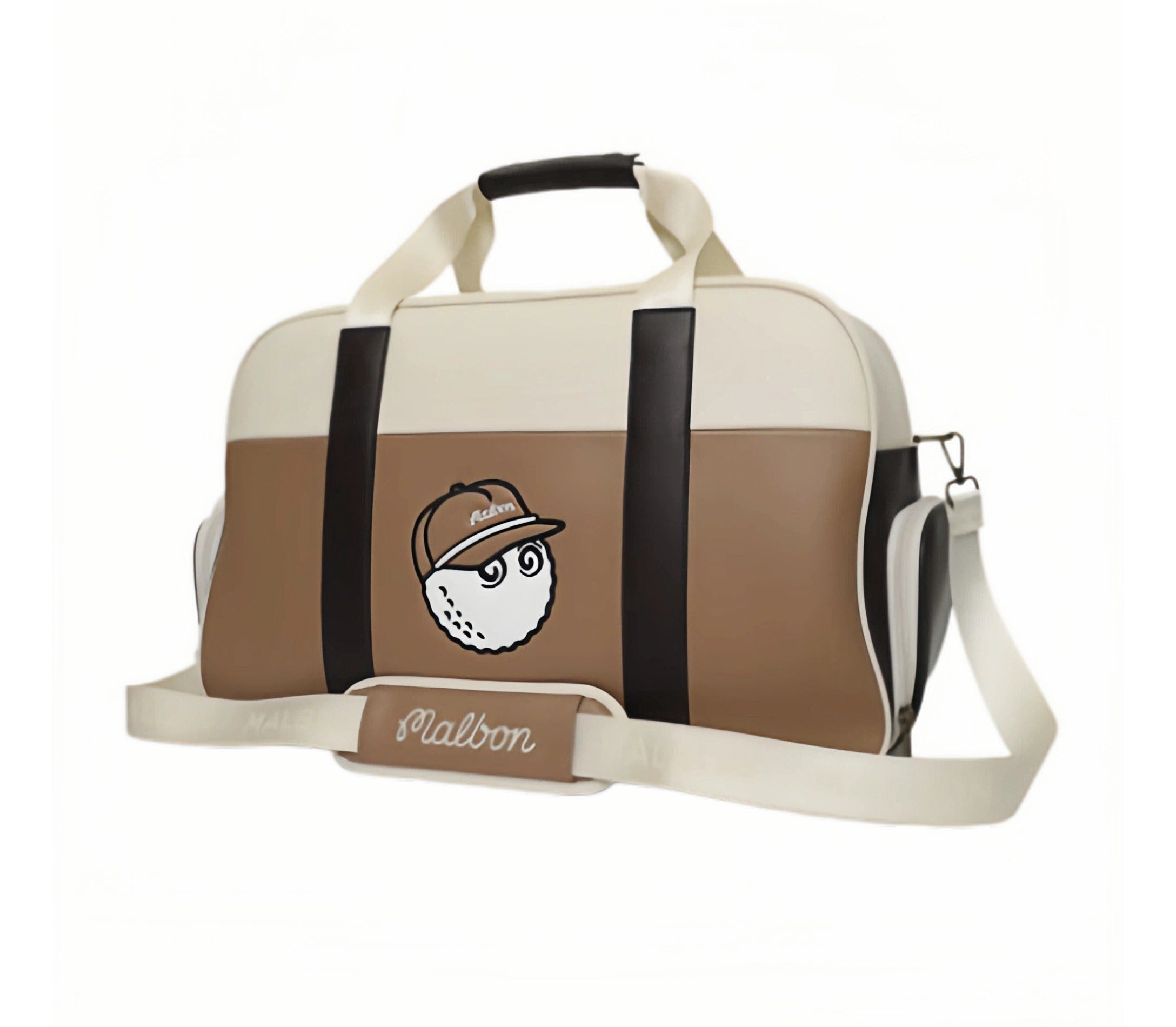 Front view of Malbon Golf duffel bag in brown and cream PU leather, featuring cartoon golf ball with cap, wide carrying handles, and stylish color blocking