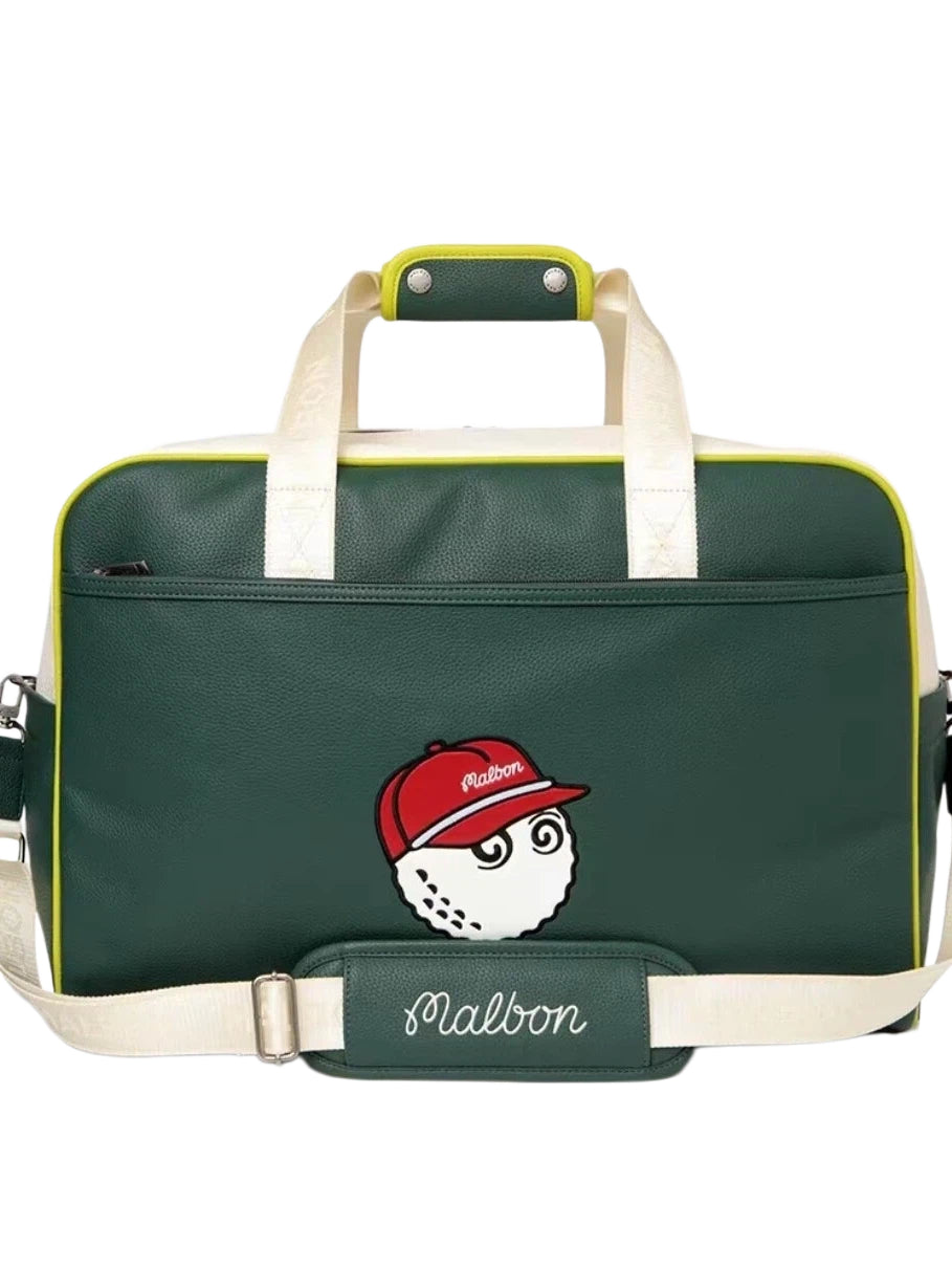 Front view of dark green Malbon duffle bag with lime green trim, white shoulder strap, and embroidered golf ball character in red cap