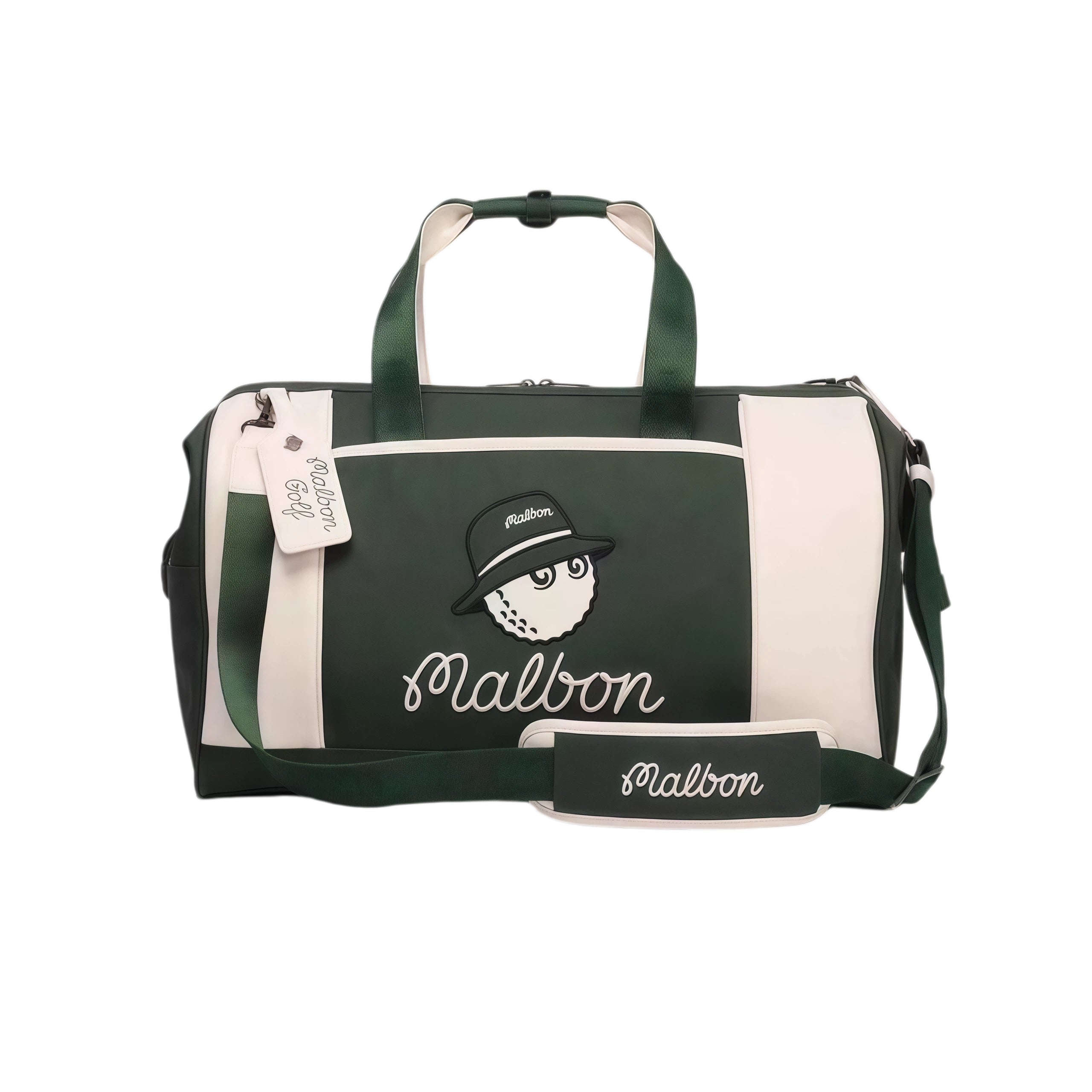 Front view of dark green Malbon duffle bag with white contrast panels, top carry handles, and brown leather brand patch
