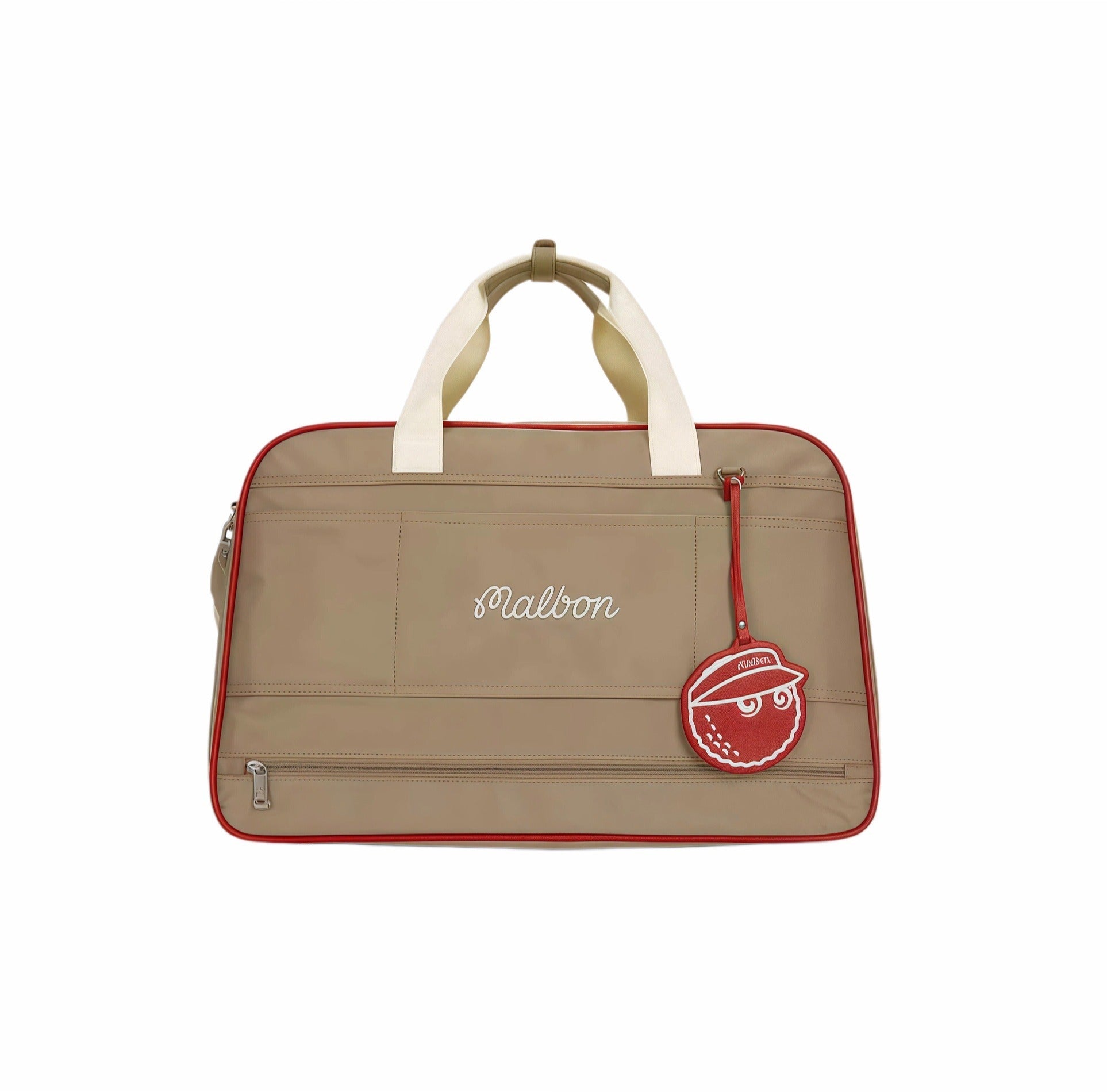 Open top view of beige Malbon golf duffle bag revealing spacious main section, front zippered pocket, and dedicated shoe compartment at the bottom