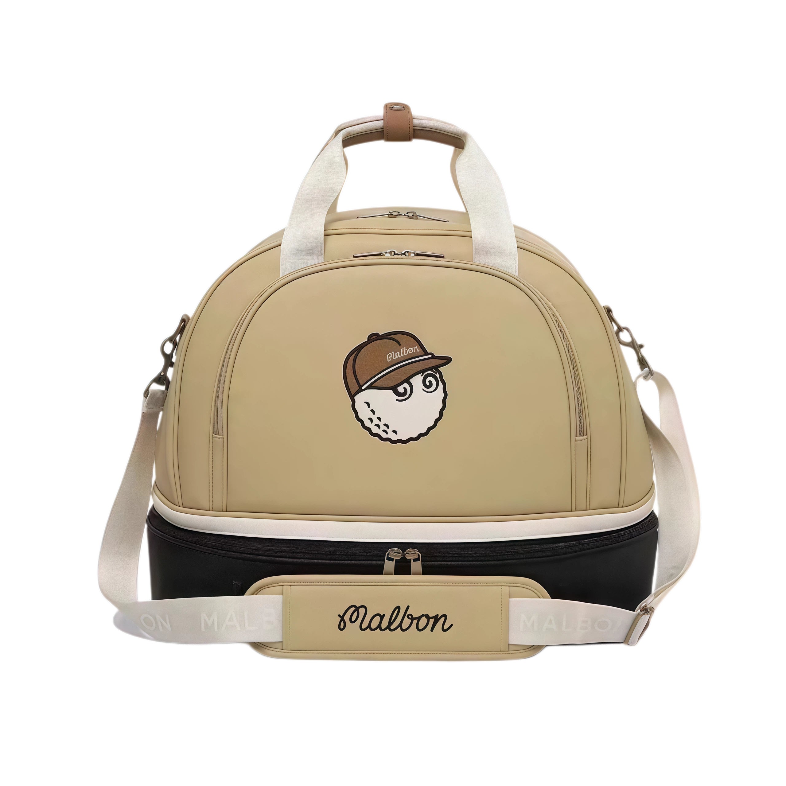 Front view of khaki Malbon golf duffle bag with black base, white shoulder strap, and playful golf ball character wearing brown cap with "Malbon" branding