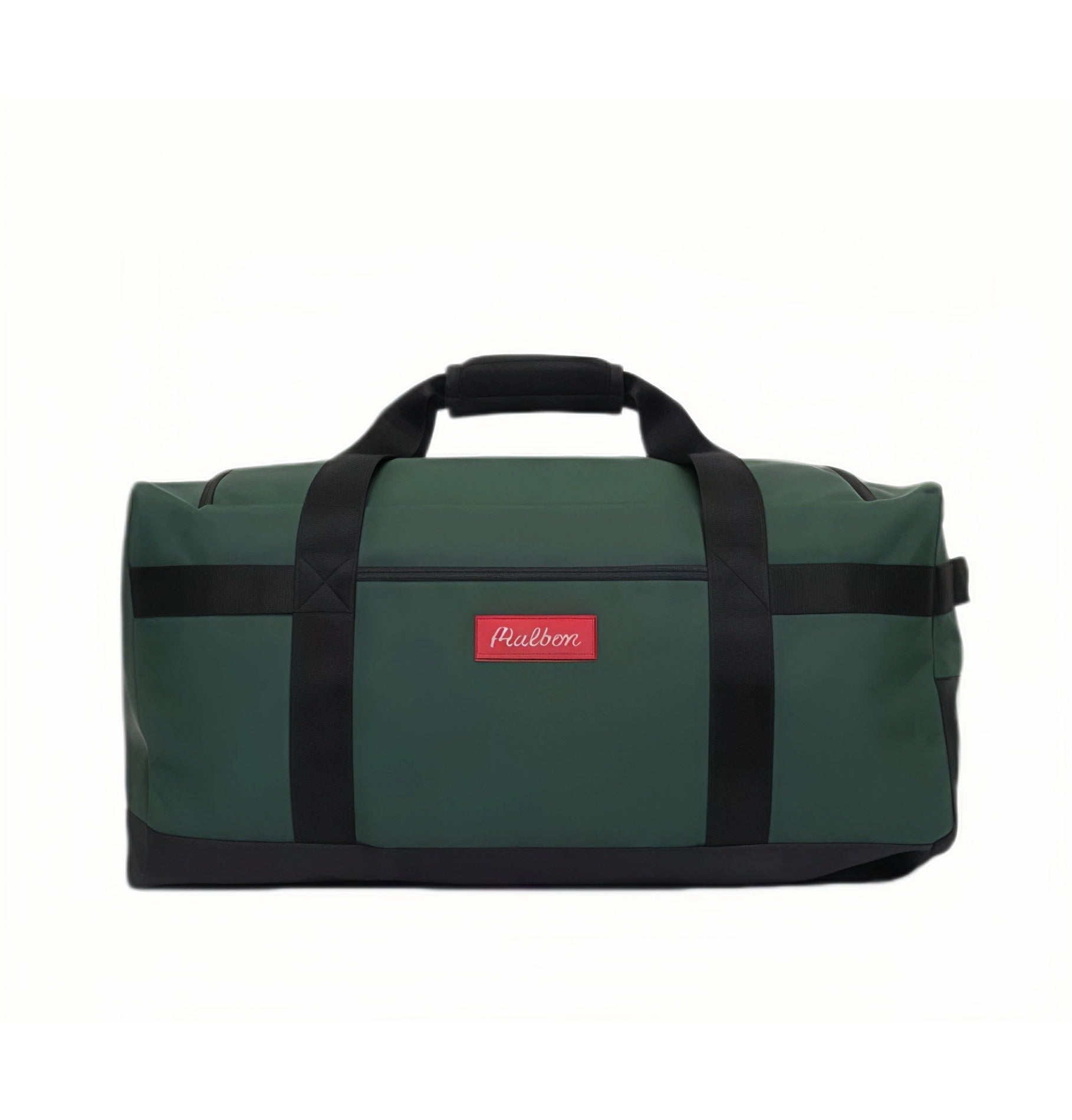 Clean front view of Malbon Golf "Buckets" duffle bag in forest green with black trim and red rectangular label displaying cursive "Malbon" logo, ideal for stylish travel