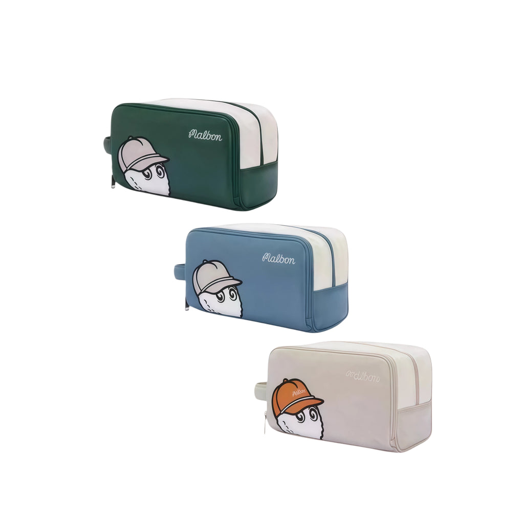 Three-color display of Malbon Golf Buckets pouch bags in deep green, sky blue, and beige featuring cartoon golf ball mascot with caps, cursive "Malbon" logo, and dual-tone design