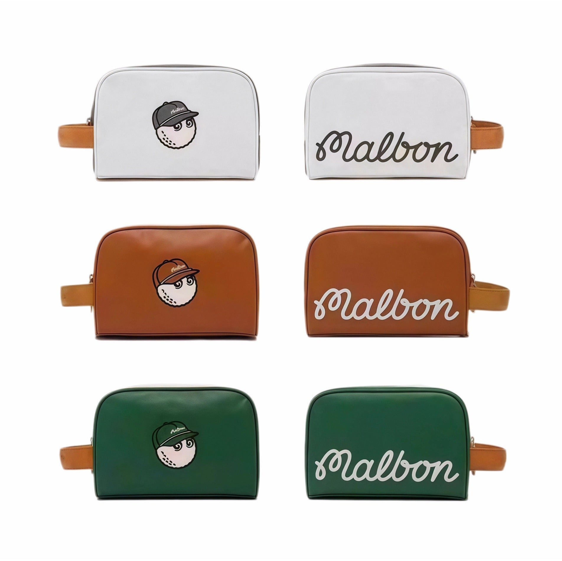 Grid display of Malbon Golf Buckets pouch collection showing six variations: white, tan, and green bags with both "Buckets" mascot and "Malbon" script logos, highlighting premium PU leather and dual design options