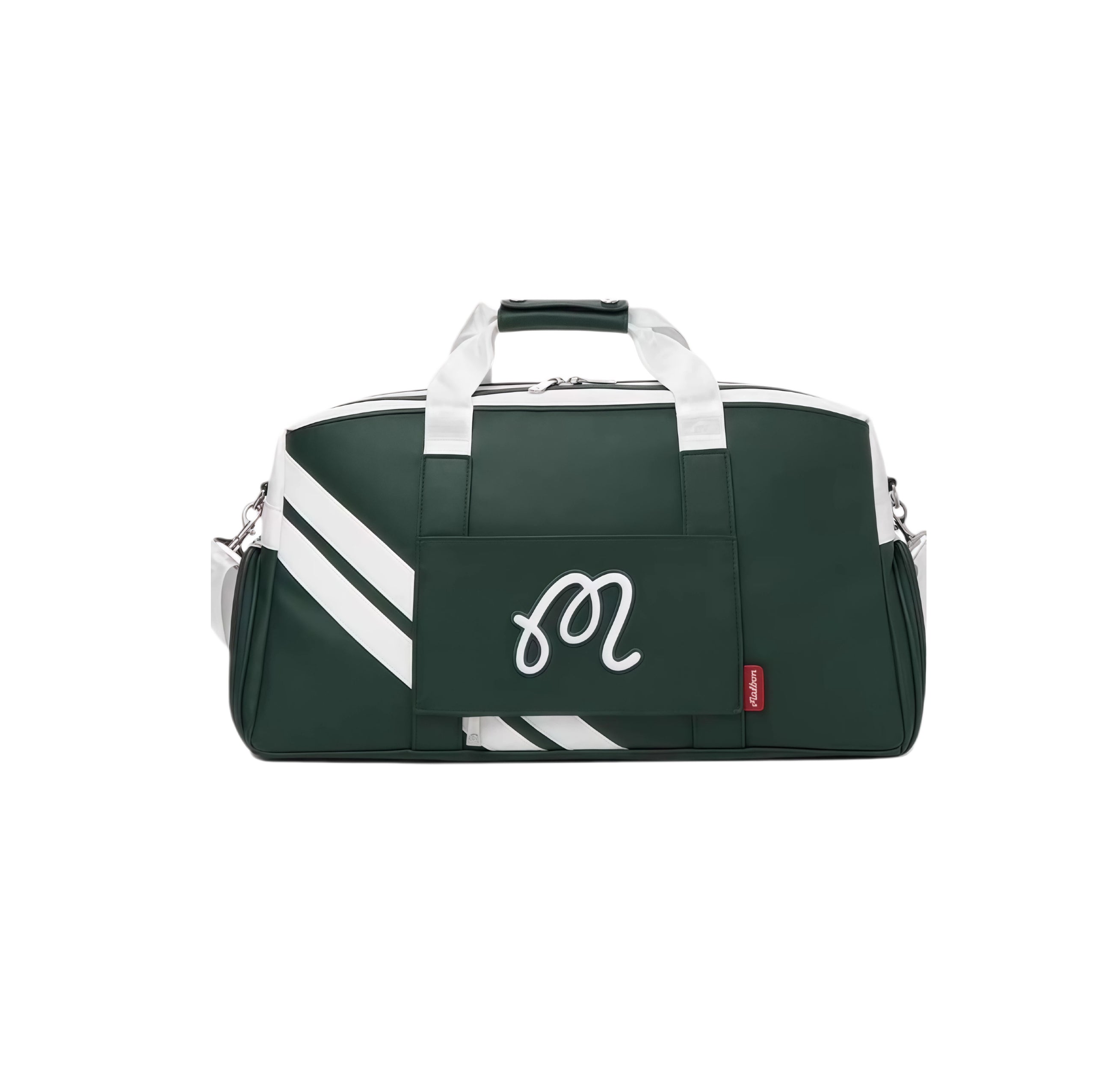 Dark green Malbon Golf Core duffle bag with a sleek white script "M" logo on the front panel. Features clean lines, white contrast stripes, and premium synthetic leather construction. Ideal for travel and gym use.