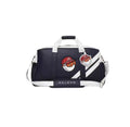 Front view of the Malbon Golf Core duffle bag in navy blue featuring a red cap-wearing golf ball mascot patch. Includes white diagonal stripes, dual handles, and a detachable shoulder strap. Perfect for golfers and sport enthusiasts.