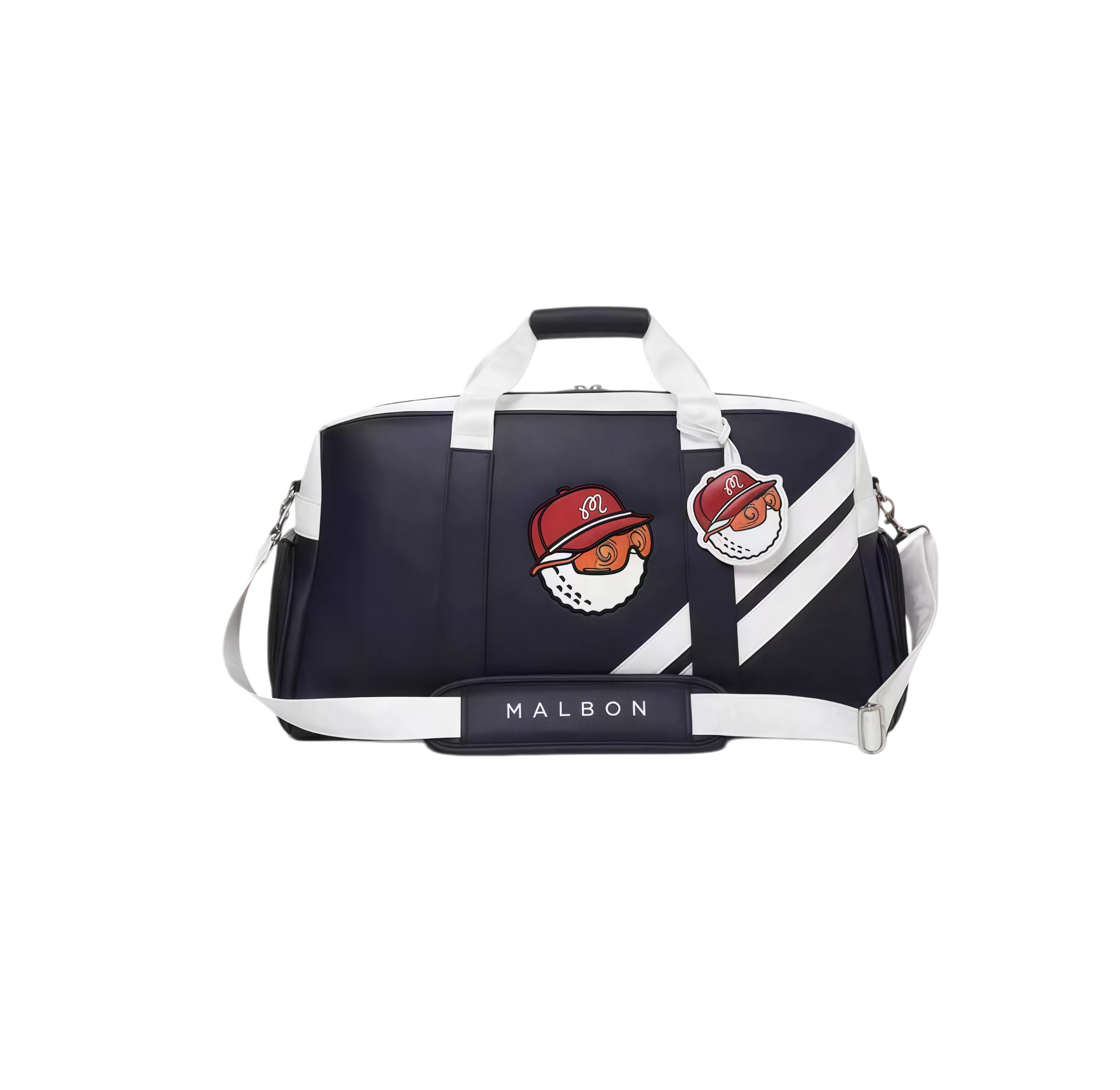 Front view of the Malbon Golf Core duffle bag in navy blue featuring a red cap-wearing golf ball mascot patch. Includes white diagonal stripes, dual handles, and a detachable shoulder strap. Perfect for golfers and sport enthusiasts.