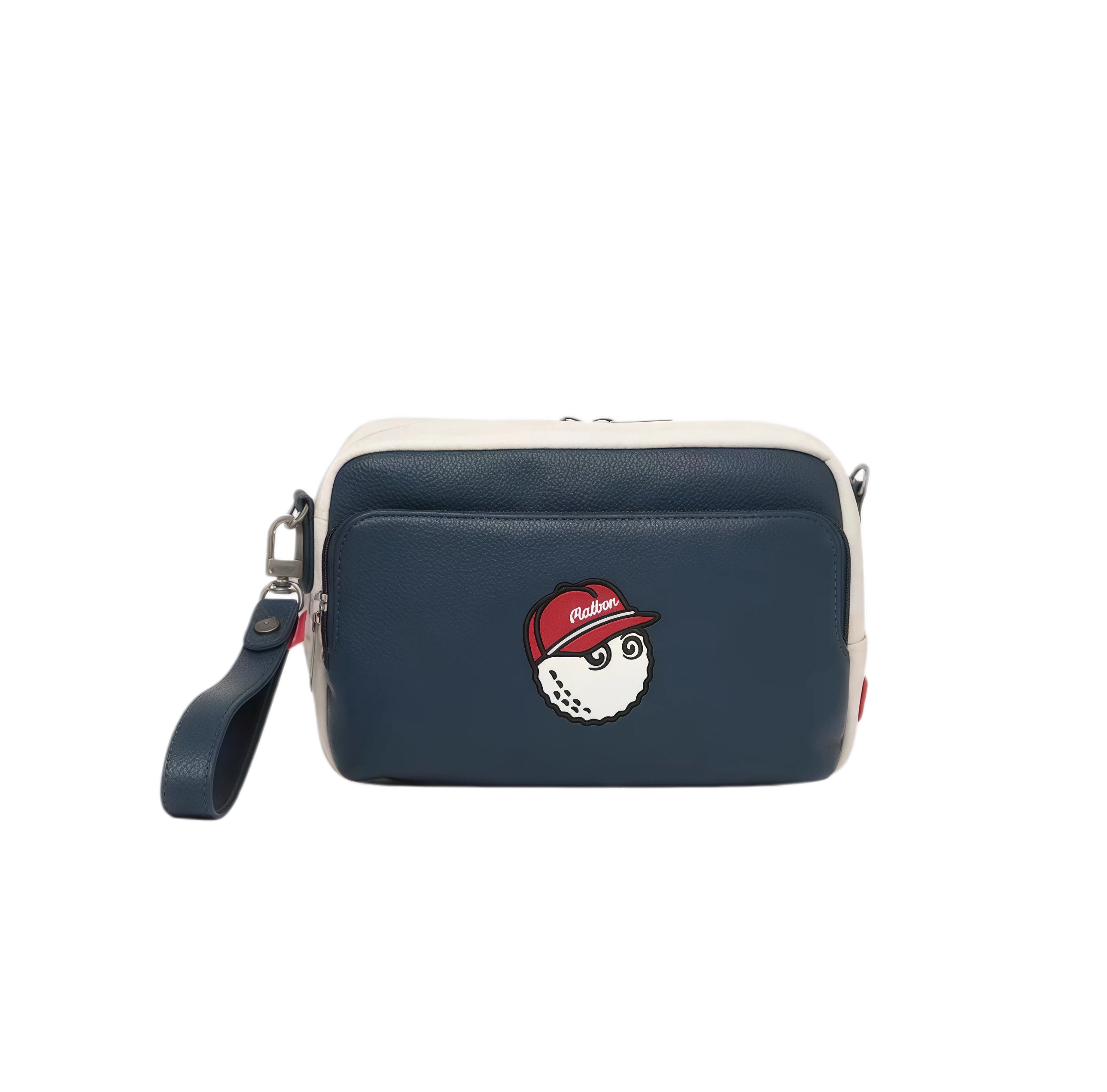 Navy blue Malbon performance crossbody bag with white trim and embroidered golf ball character logo. Premium design for golfers and casual wear.