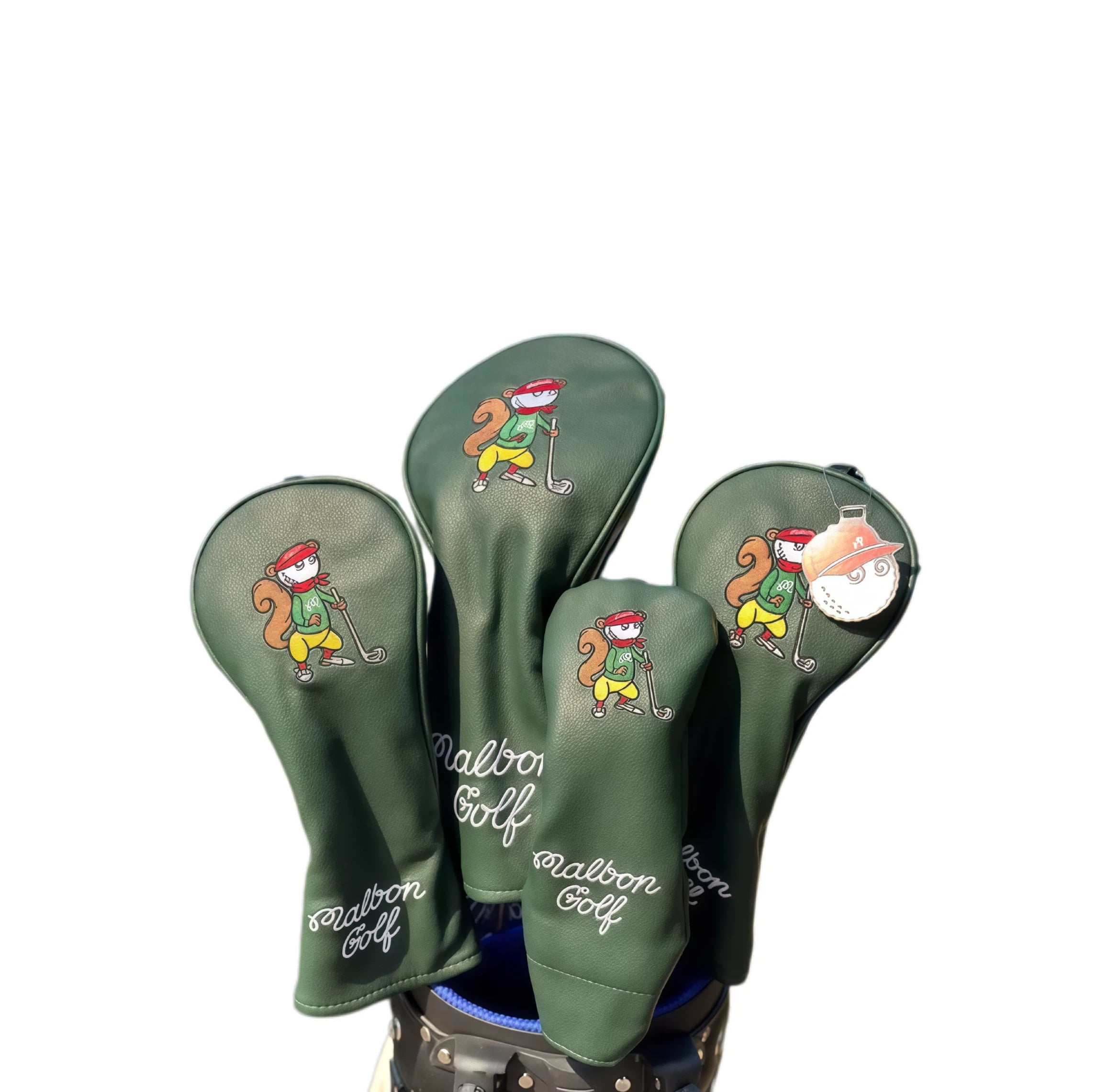 Dark green Malbon Golf squirrel headcovers with playful cartoon design and golf ball charm accents — made from durable waterproof PU material with magnetic snap closure for secure fit and stylish protection.