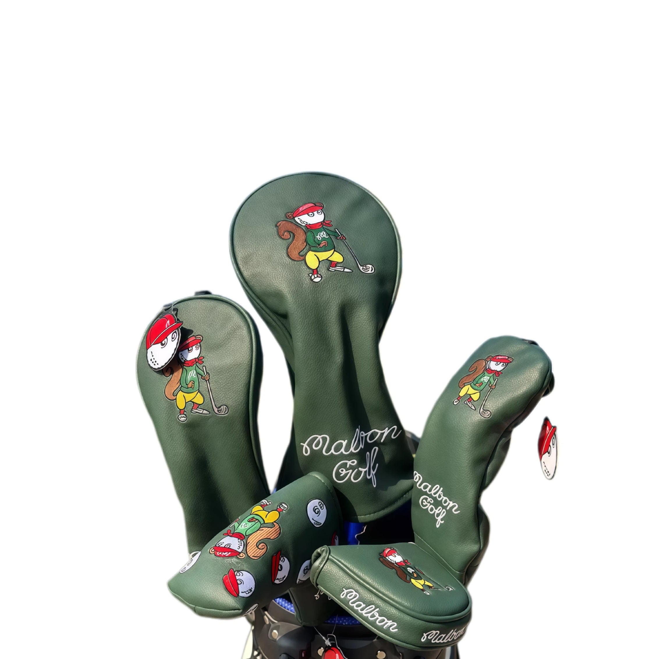 Dark green Malbon Golf squirrel headcover set with bold cartoon squirrel design and white "Malbon Golf" script — made from waterproof PU leather with magnetic closure for reliable club protection and stylish look.