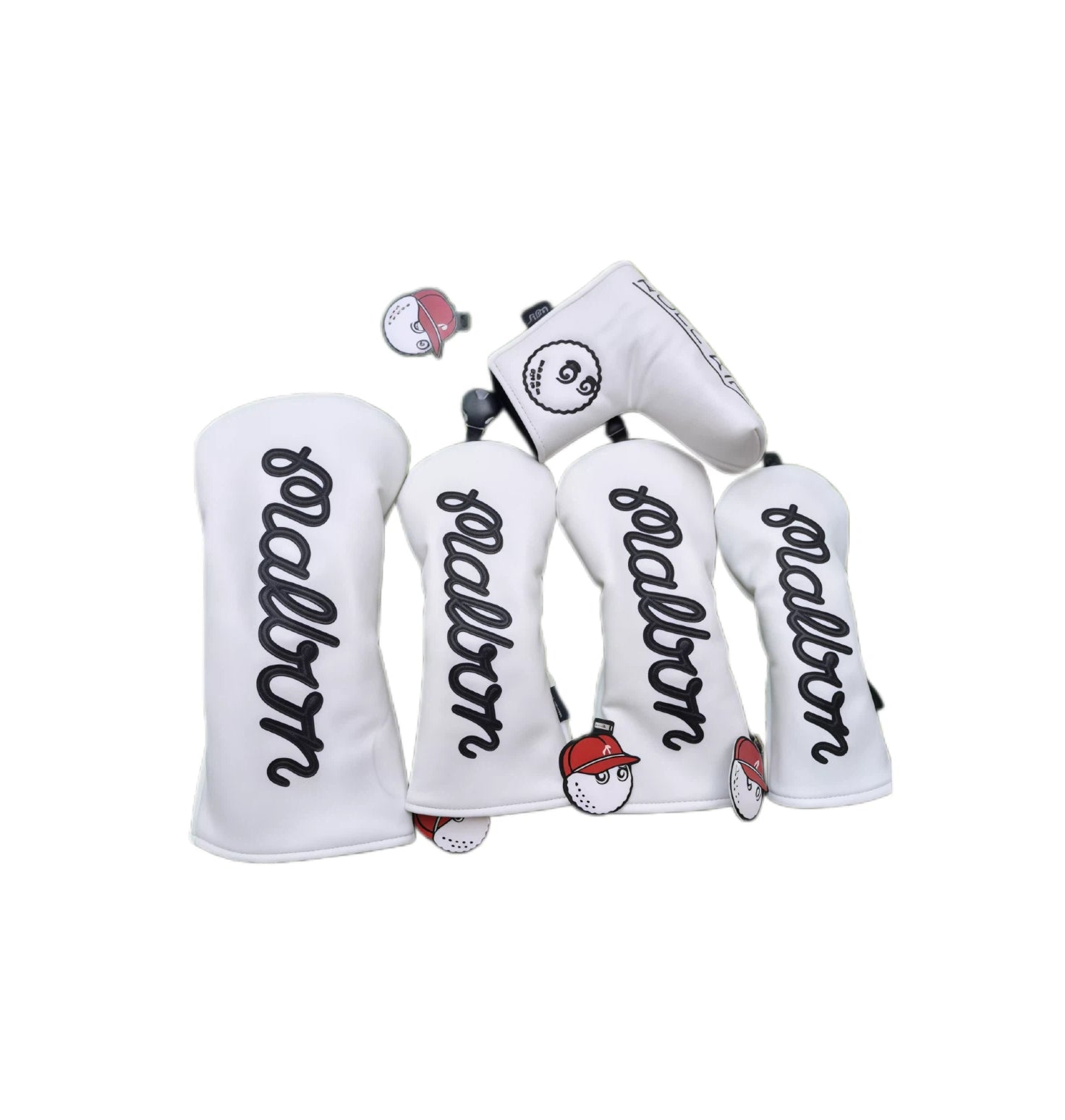 White Malbon golf driver headcover set decorated with various cartoon golf ball charms, including red-capped and plain designs, combining functional club protection with whimsical aesthetics for a personalized and fun golfing experience.