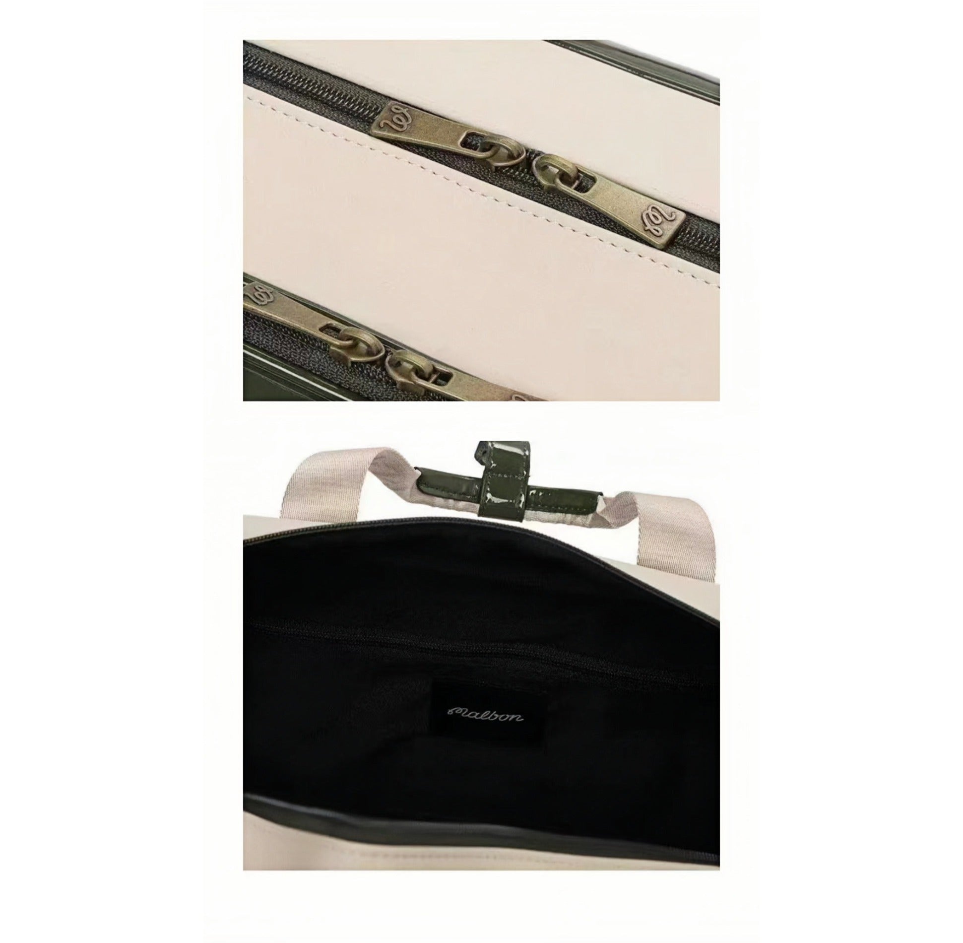 Close-up of Malbon Golf duffle bag showing metal zippers with engraved "M" logo, durable stitching, and black interior lining with brand tag