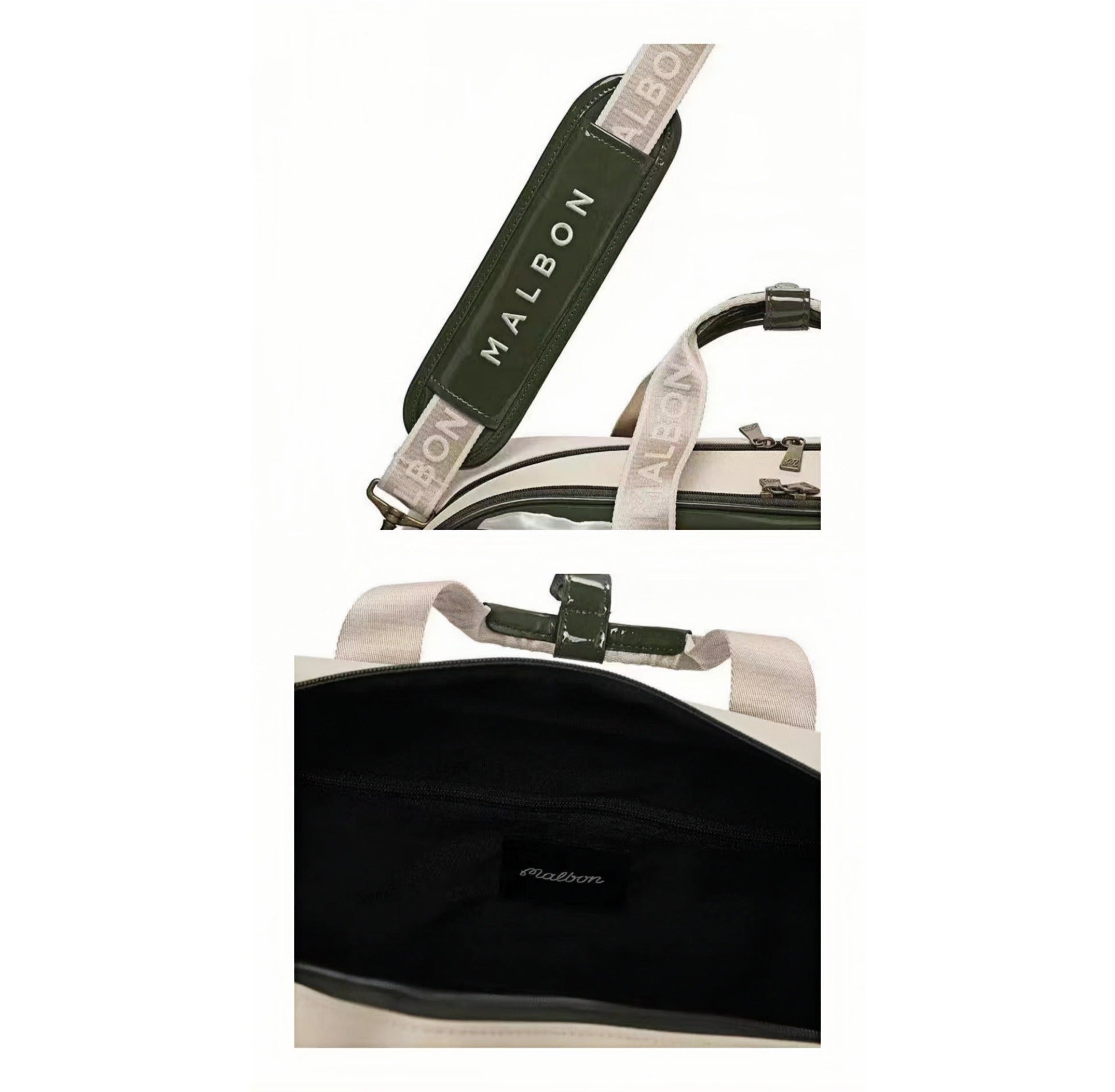 Close-up of Malbon Golf duffle bag showing padded handle with "MALBON" logo print, glossy finish, and black interior with branded label inside
