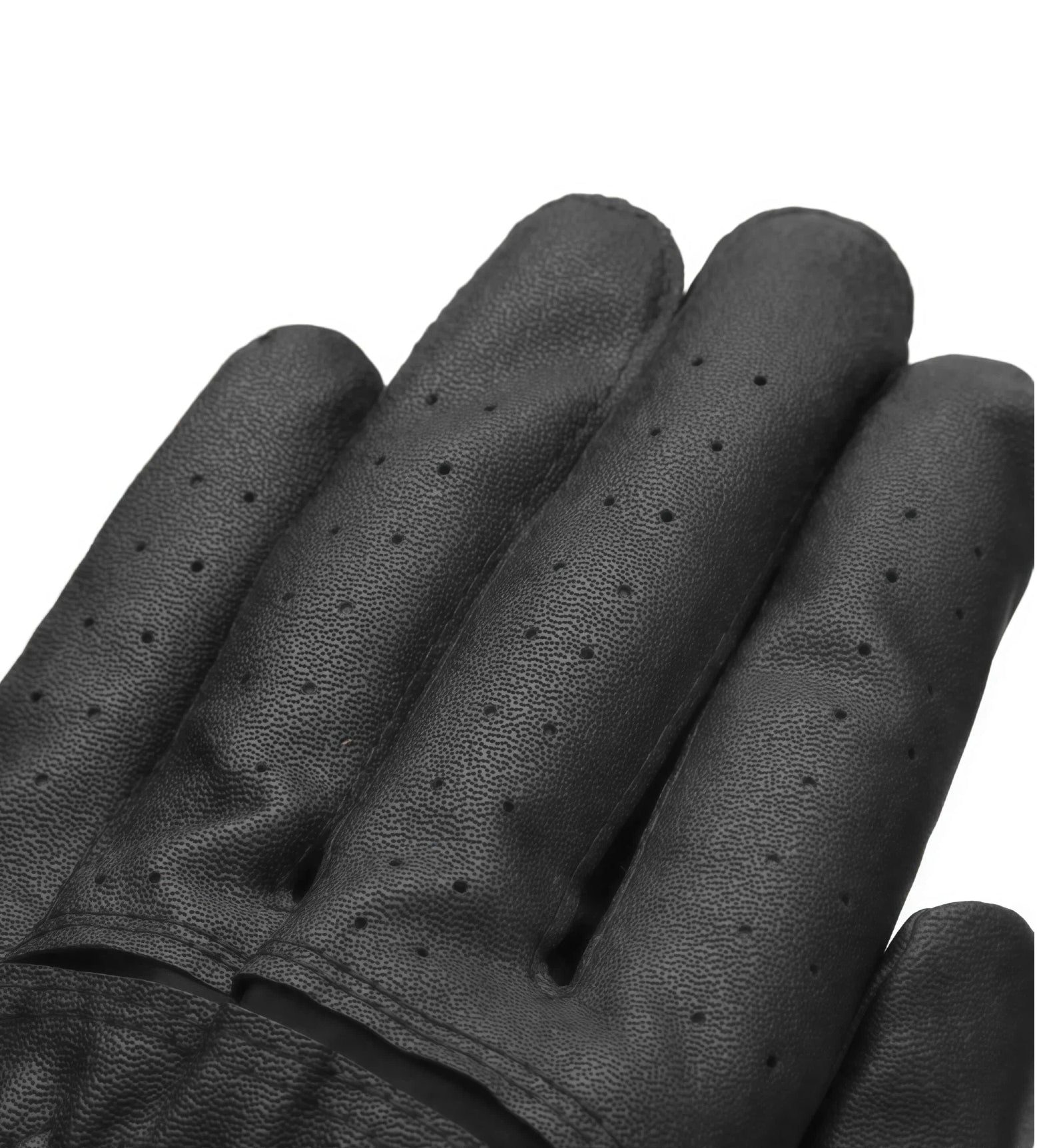 Close-up of Malbon golf glove finger texture showing micro-perforations and grain pattern for enhanced breathability and anti-slip grip, ideal for precision and control during swings.
