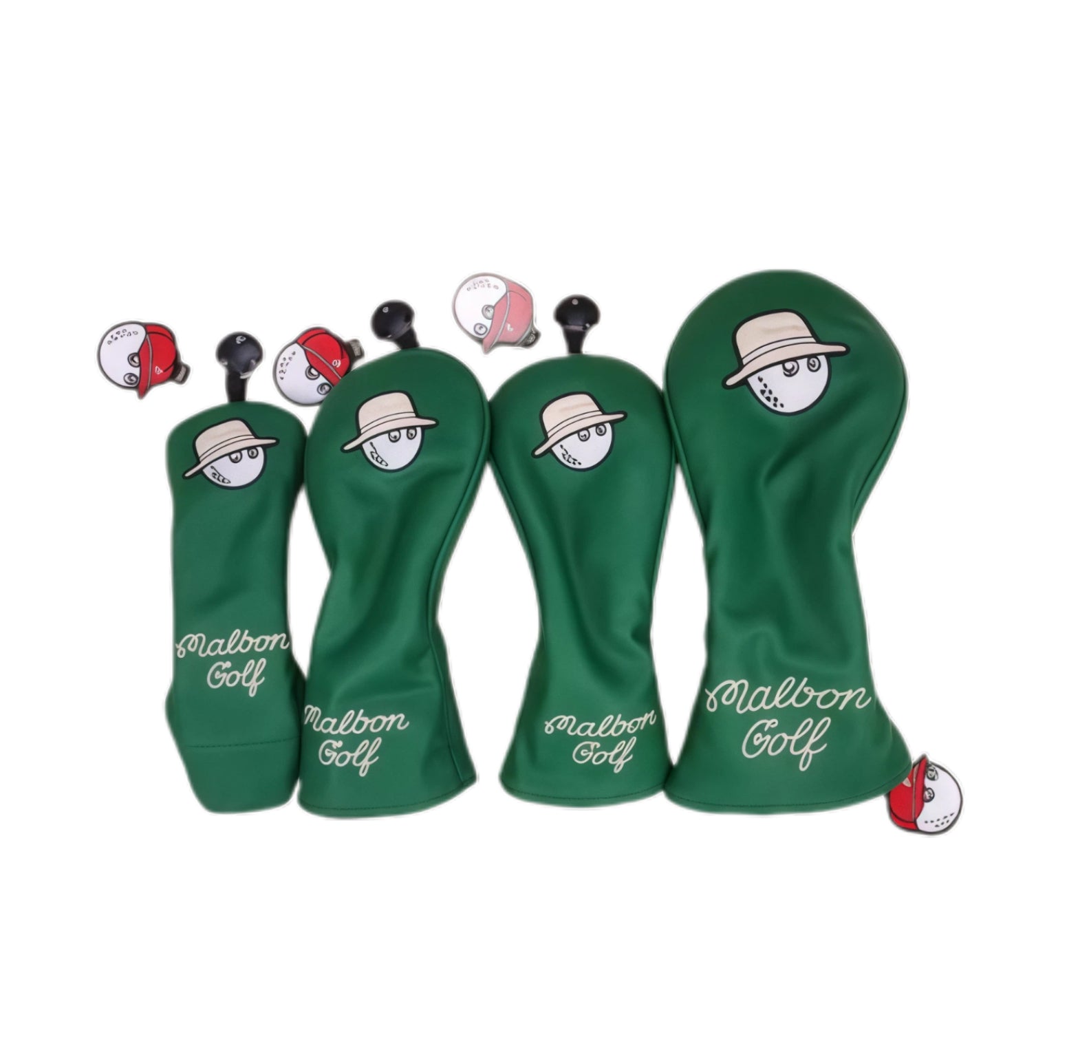 Flat lay of green Malbon golf headcover set showcasing patterned iron and putter covers with repeating beige bucket hat characters, alongside solid driver cover — all branded with “Malbon Golf” and magnetic ball accessories.