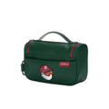Dark green Malbon golf handbag with fun cartoon golf ball face wearing red cap and orange goggles, red zipper accents, and durable leather-like material for travel or golf use.