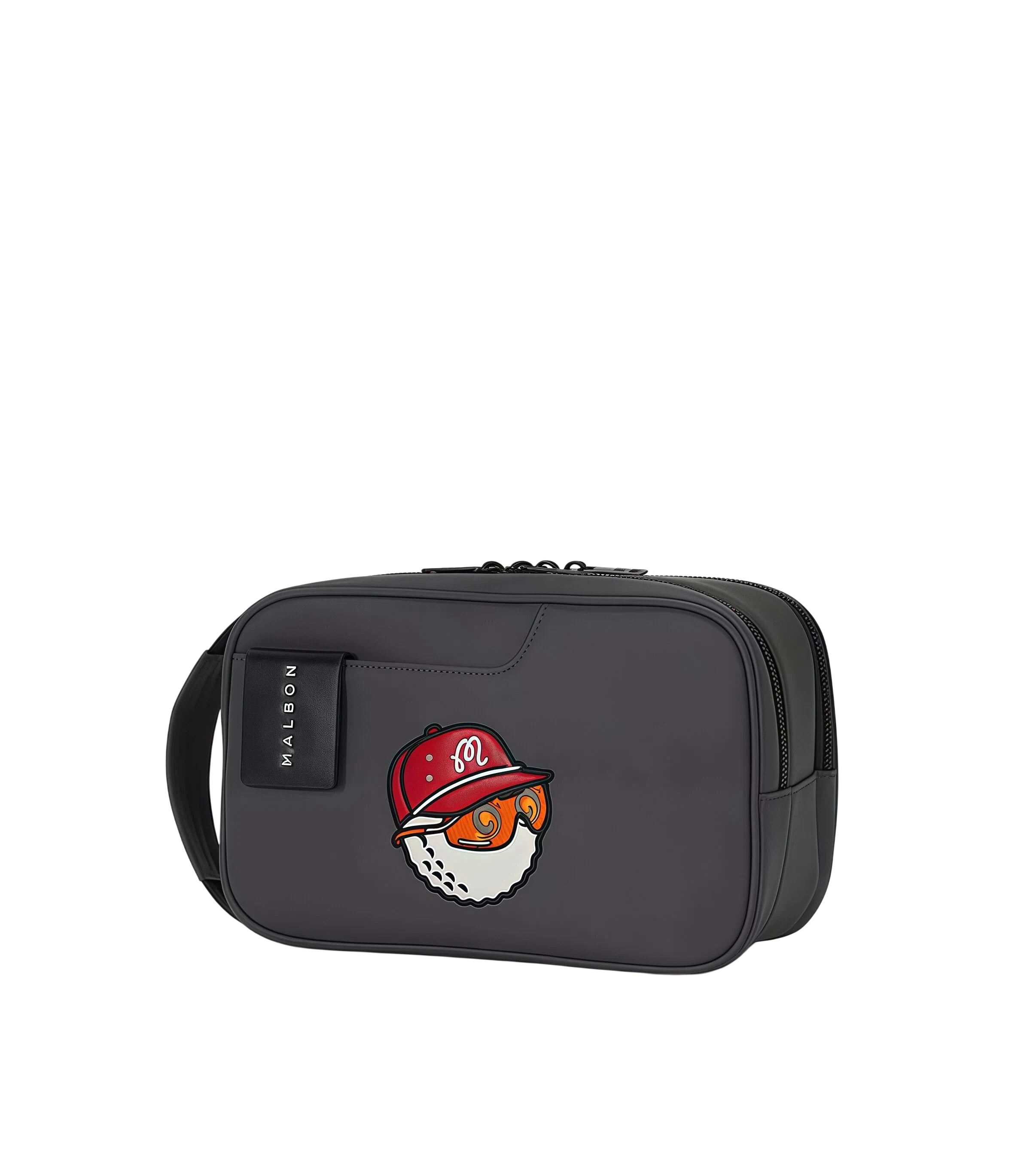 Black Malbon golf handheld storage bag with red cap character patch and minimalist design. Perfect for carrying golf accessories and toiletries.