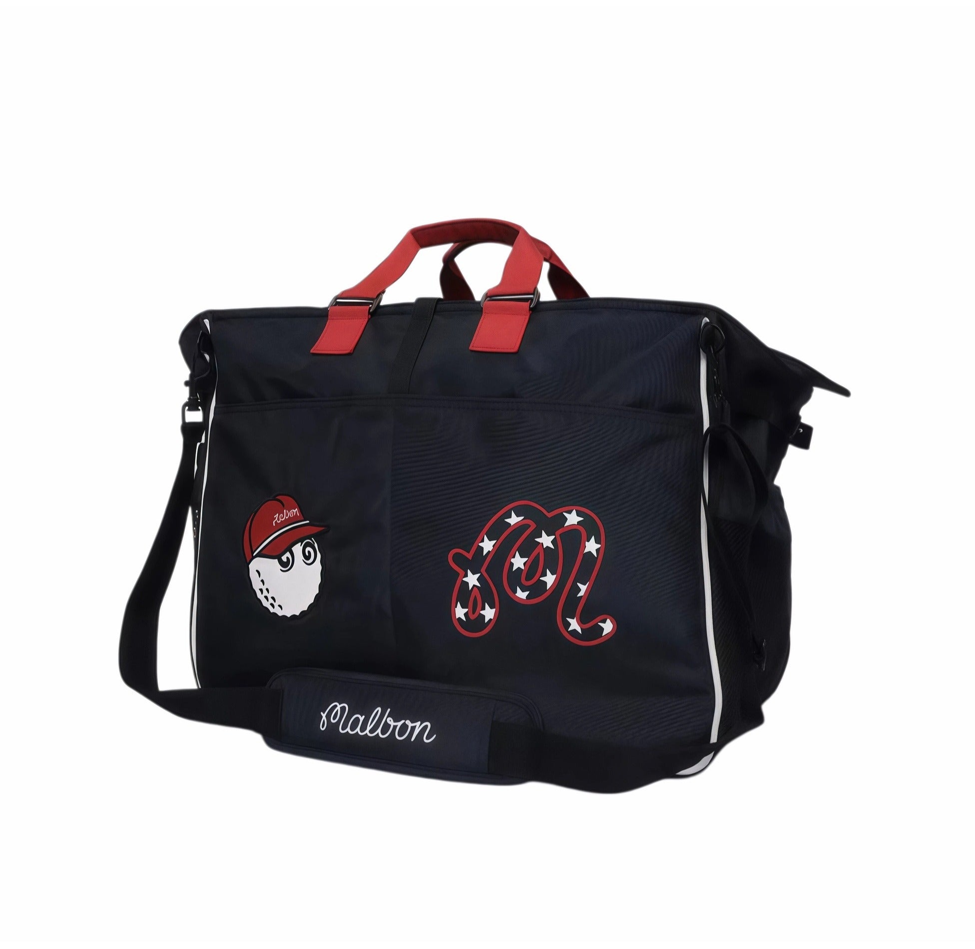 Side view of Malbon Golf Heritage duffel bag in navy blue showcasing embroidered cartoon golf ball wearing red cap, large red "M" with white stars, and branded bottom panel