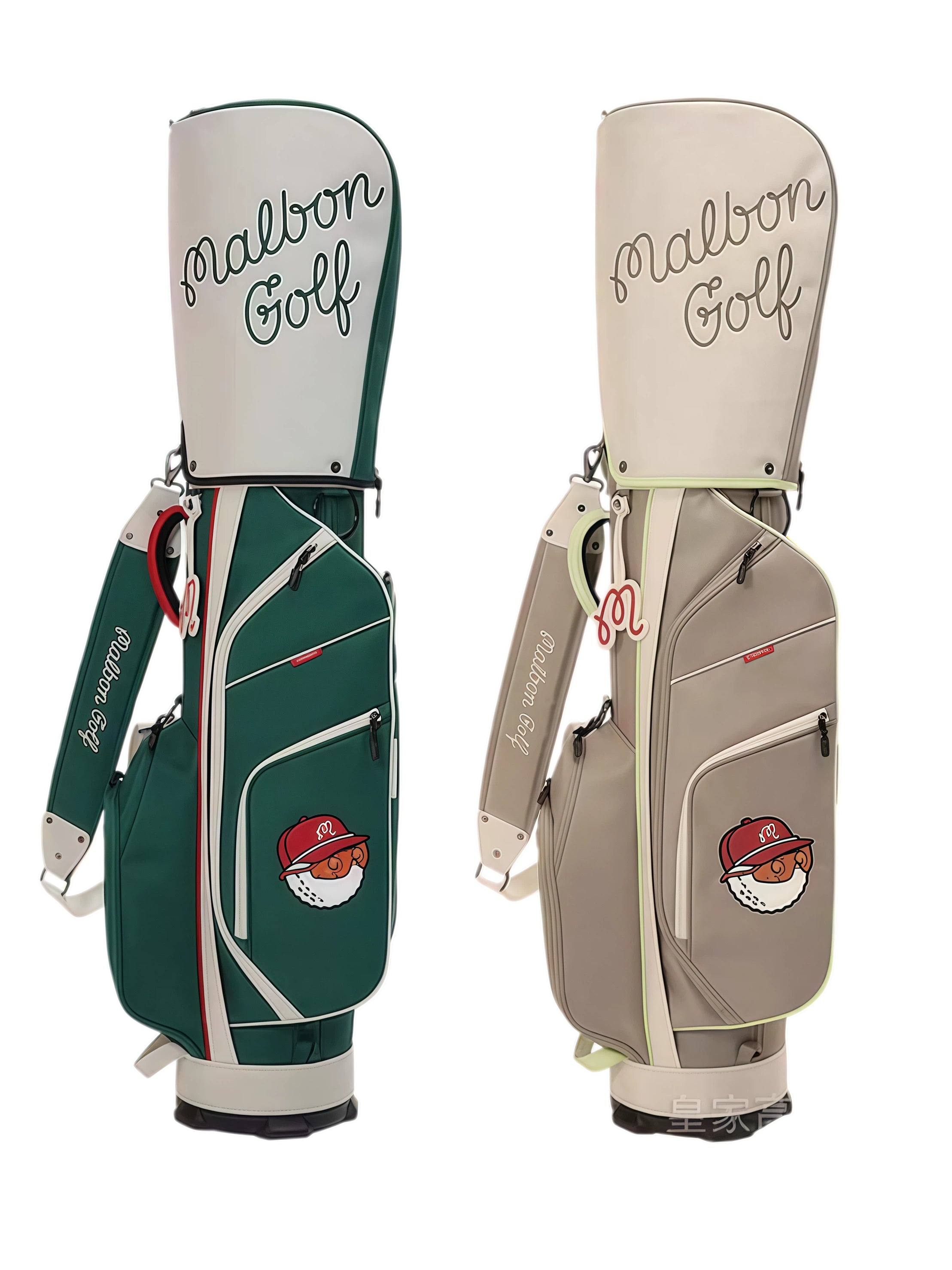 Comparative view of Malbon Golf Heritage stand bags in green and beige colorways, highlighting both designs with matching logos and features