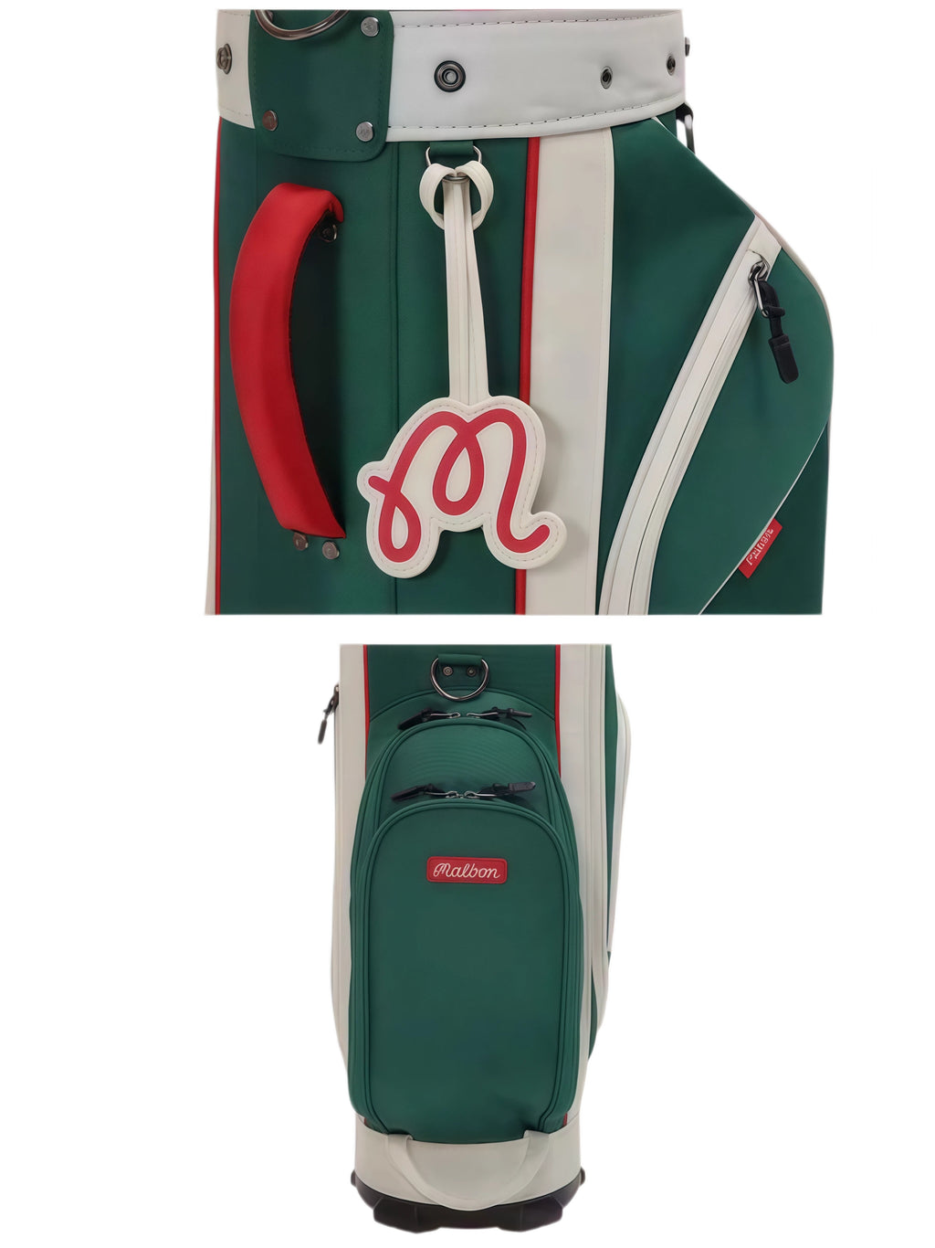 Malbon Golf Heritage stand bag front view featuring green and white design with red accent stripe, signature "M" logo charm, and premium waterproof material