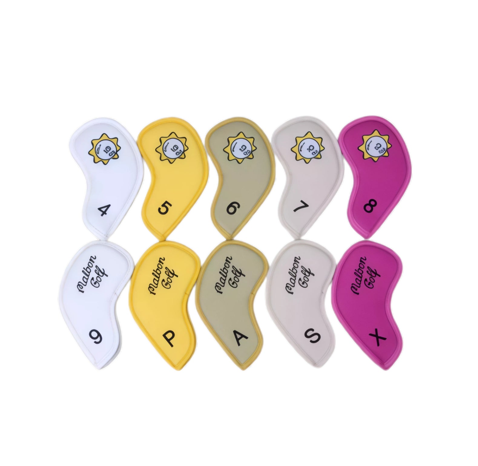 Set of colorful golf club head covers with numbers and letters on a white background