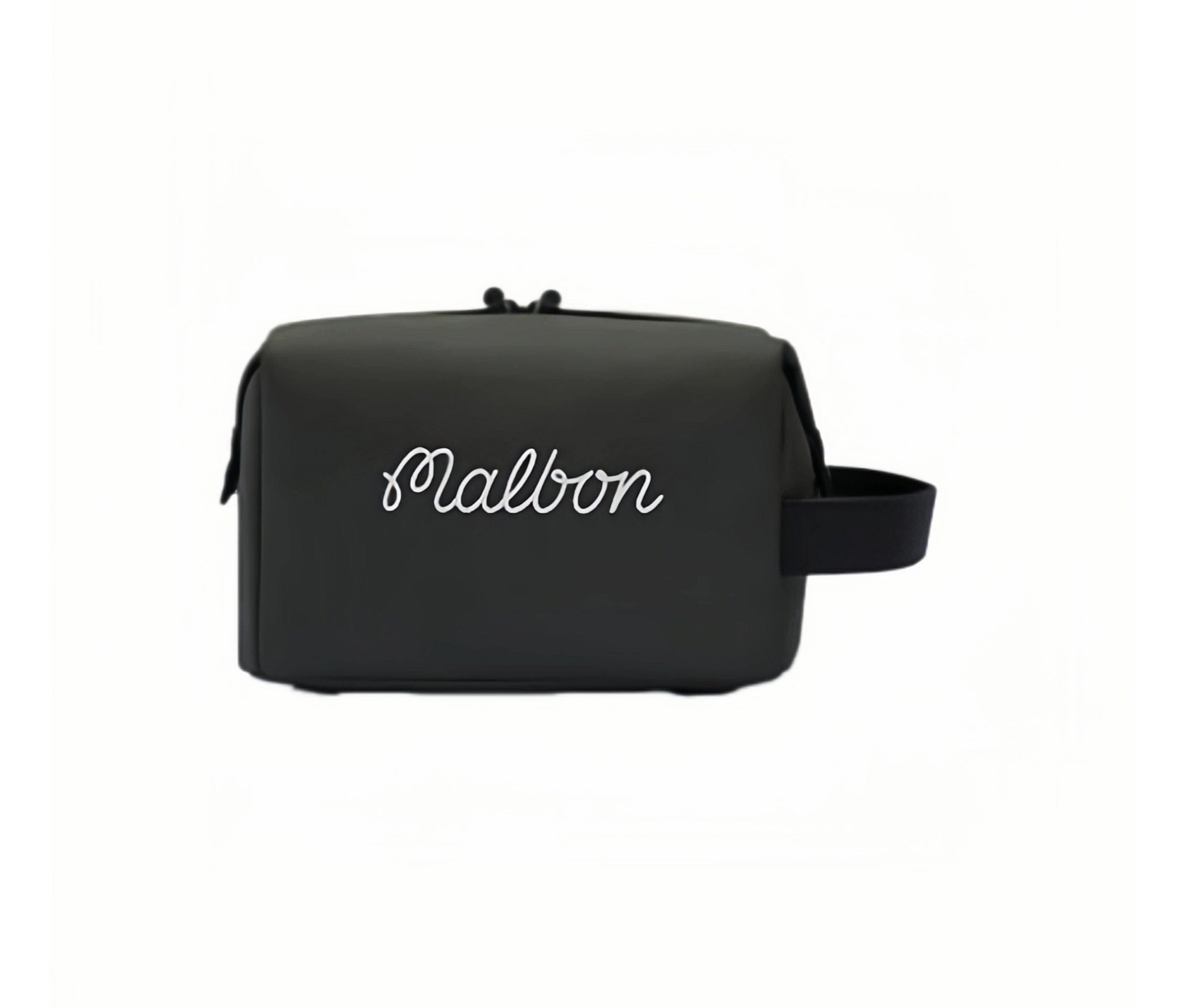Back view of Malbon Golf mini handbag showing white cursive "Malbon" logo on dark green PU surface, dual-zip closure, and wrist handle detail
