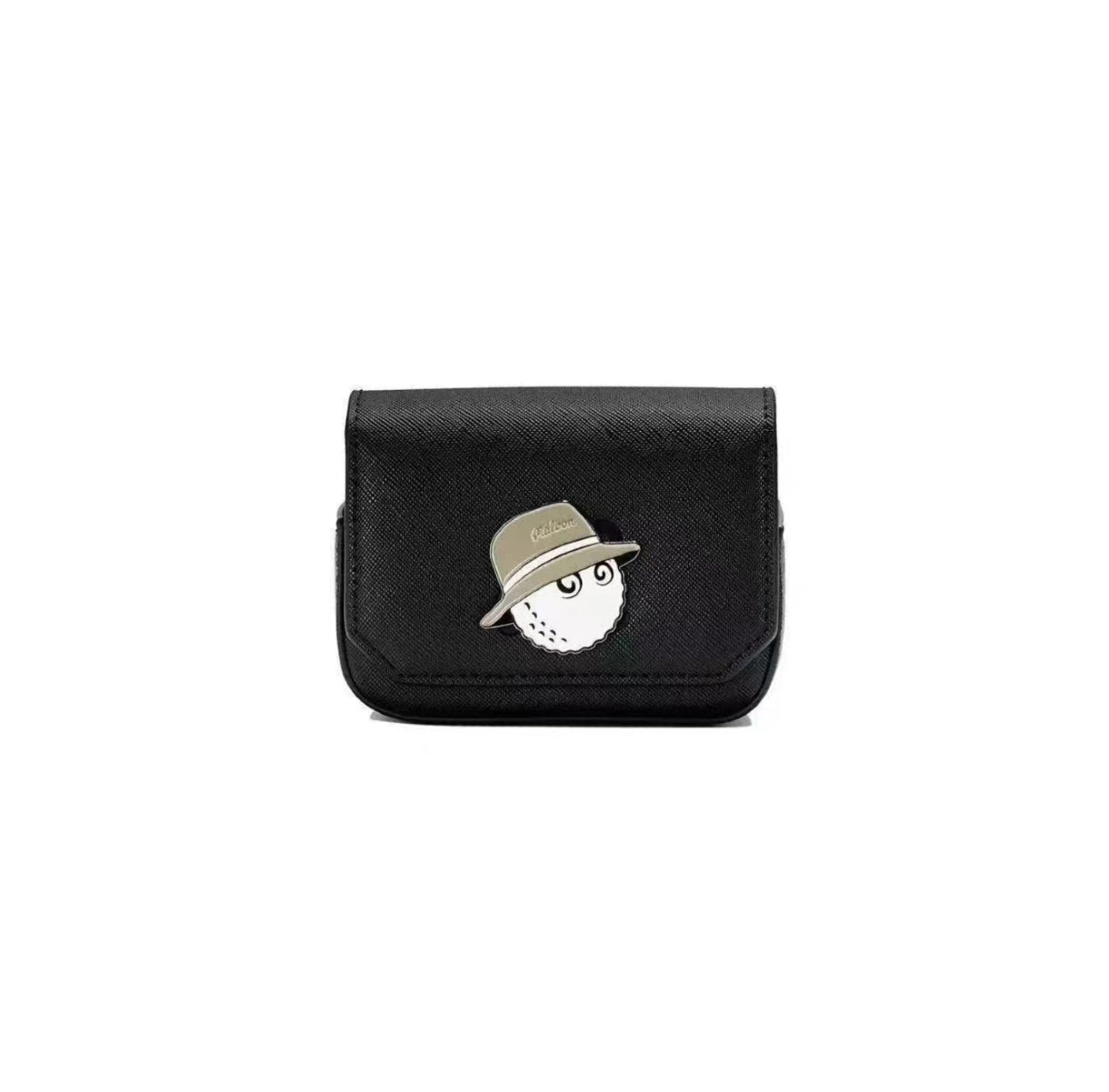 Front view of the black Malbon rangefinder pouch with a white golf ball character wearing a beige hat. Compact design perfect for holding a rangefinder or small essentials during golf rounds.