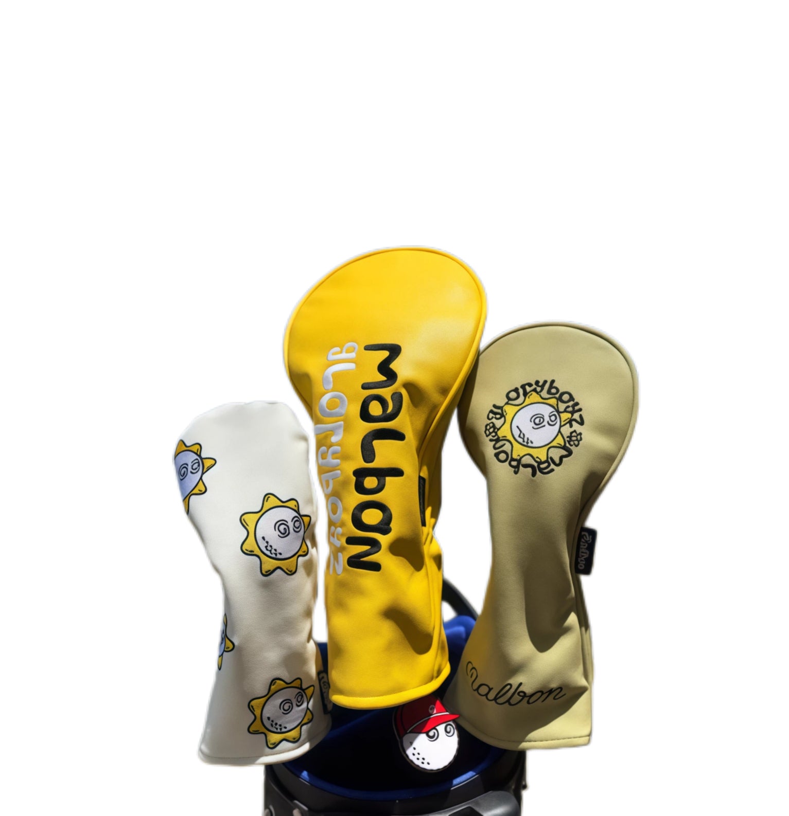 Set of Malbon Golf minimalist sunflower headcovers in white, yellow, and beige featuring cheerful sun designs — ideal protection for driver, fairway wood, and mallet putter clubs with a playful yet elegant look.