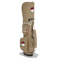 Front view of Malbon Golf new summer stand bag in beige with red piping, featuring cartoon golf ball character patch, "Golf Is Life" label, and premium PU leather finish.