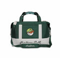Front view of Malbon Golf Performance luxury duffel bag in forest green featuring "Buckets" golf ball character in lime cap, "Malbon Golf" script across bottom, and matching green shoulder strap
