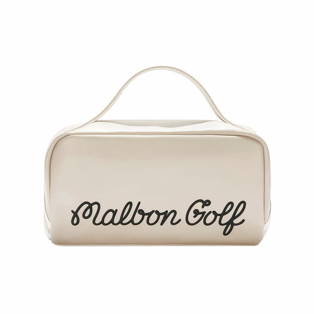  Front view of Malbon Golf performance light pouch in cream white color, featuring bold black "Malbon Golf" script logo, top handle, and clean minimalist design