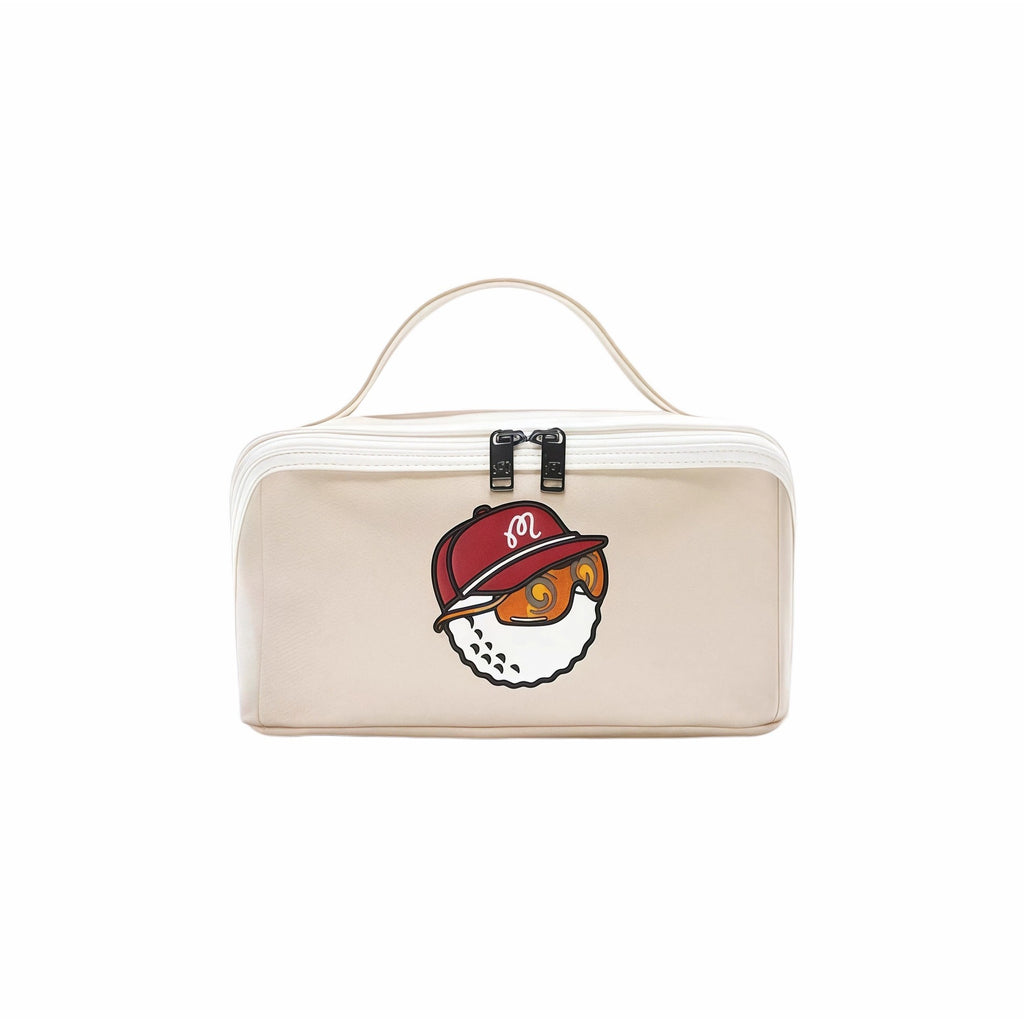 Front view of Malbon Golf performance pouch in cream white with embroidered "Buckets" mascot wearing red cap and sunglasses, perfect for golf accessories and travel essentials