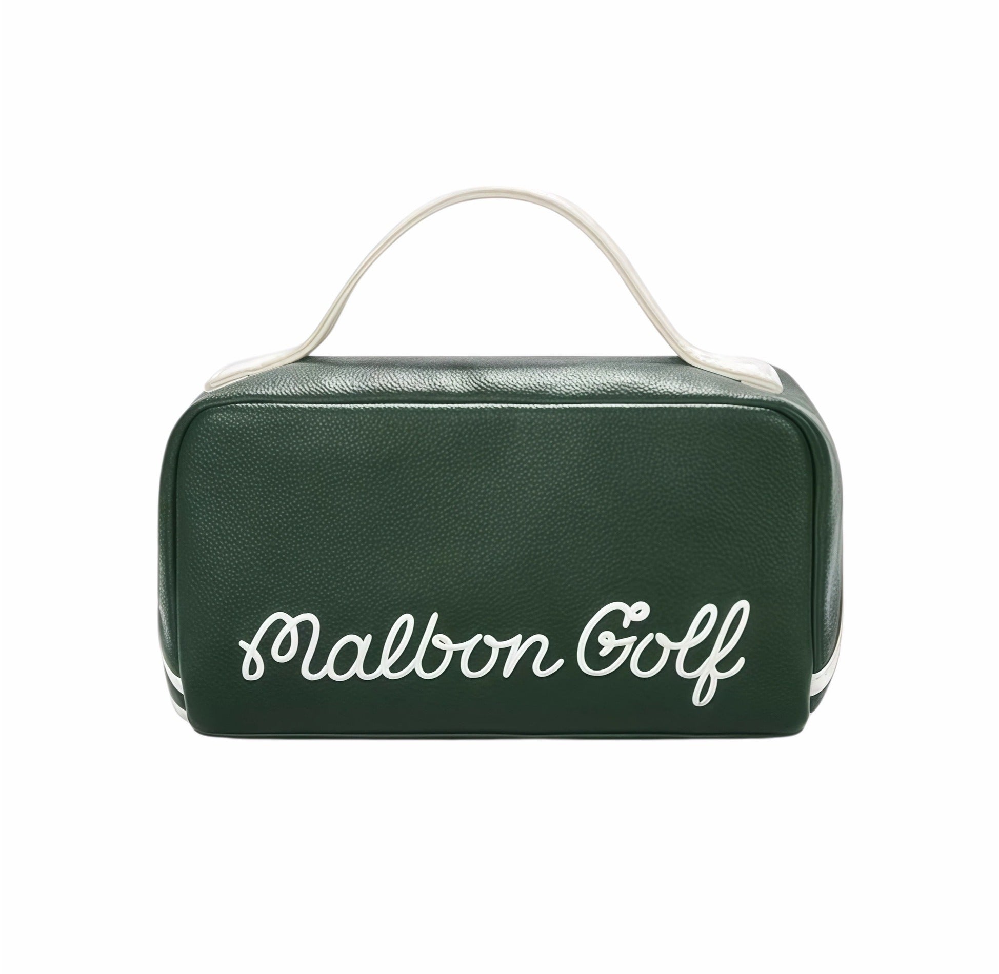 Front view of Malbon Golf performance pouch in forest green featuring elegant white "Malbon Golf" script logo, structured design, and top handle for easy carry
