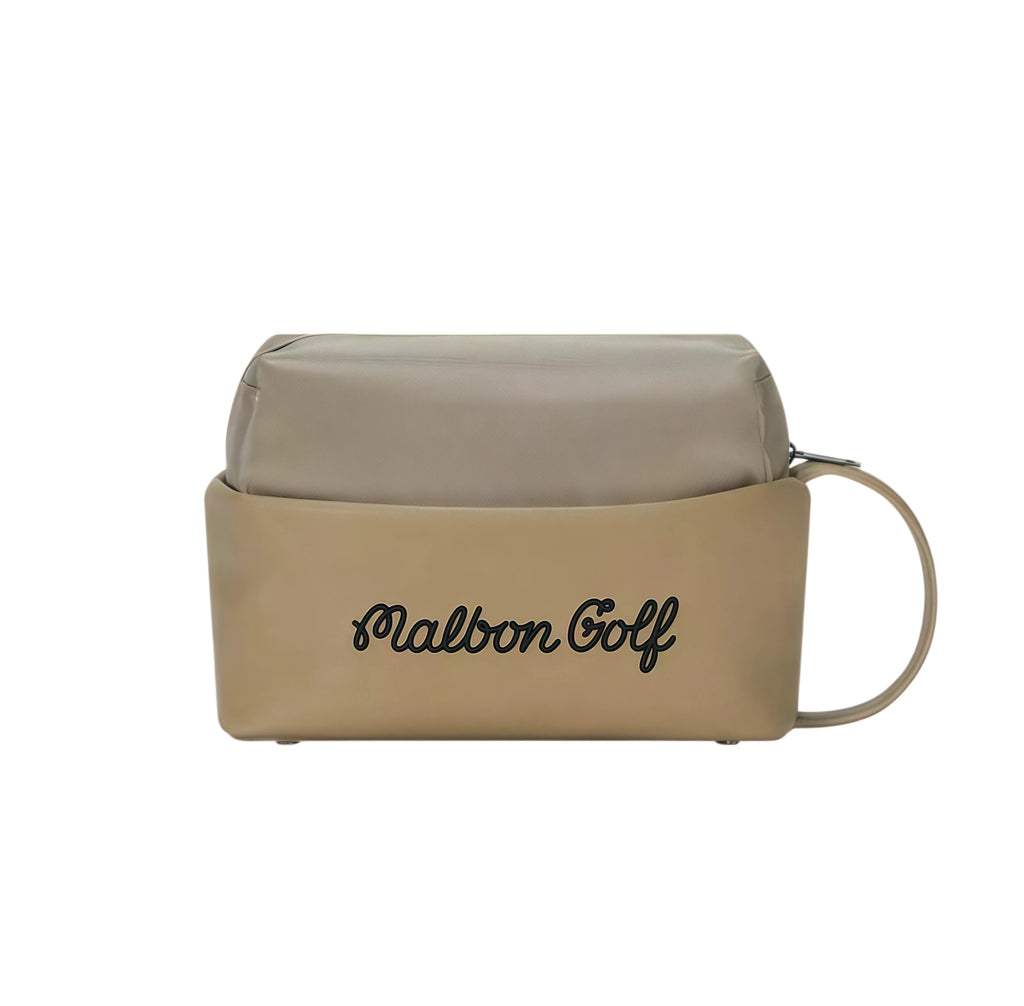 Beige Malbon golf pouch featuring sleek black cursive "Malbon Golf" logo on textured surface, compact design, and loop handle for easy carry.