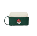 Side view of green Malbon golf pouch highlighting a playful cartoon golf ball character wearing a red cap with "M" logo, loop handle, and durable zipper closure.