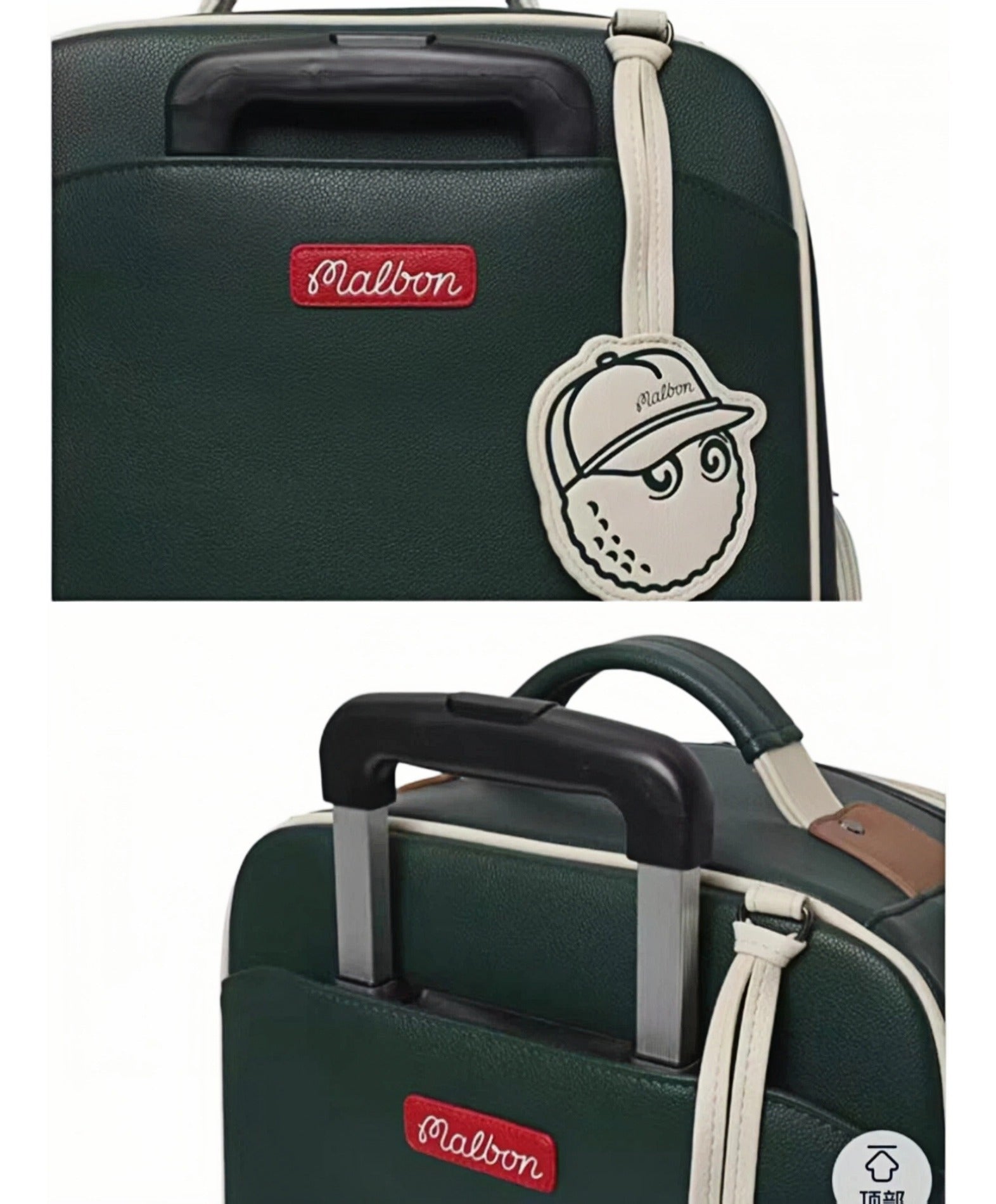 Close-up of Malbon Golf trolley bag featuring red "Malbon" brand patch and extendable telescopic handle with smooth grip, designed for easy travel
