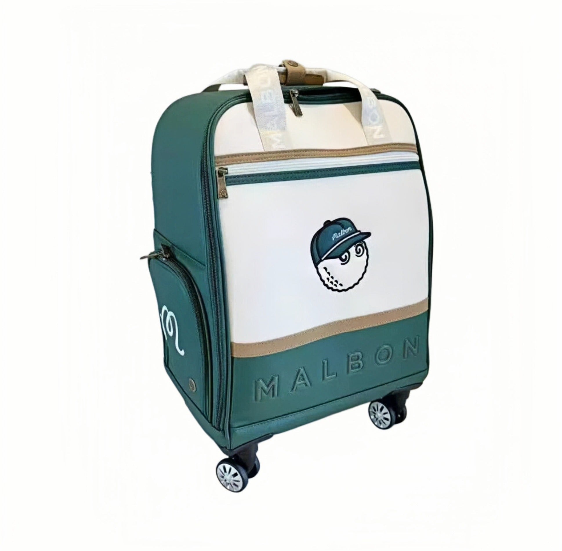 Side profile of Malbon Golf wheeled suitcase showing durable zippers, side pocket with logo, and four spinner wheels for smooth mobility