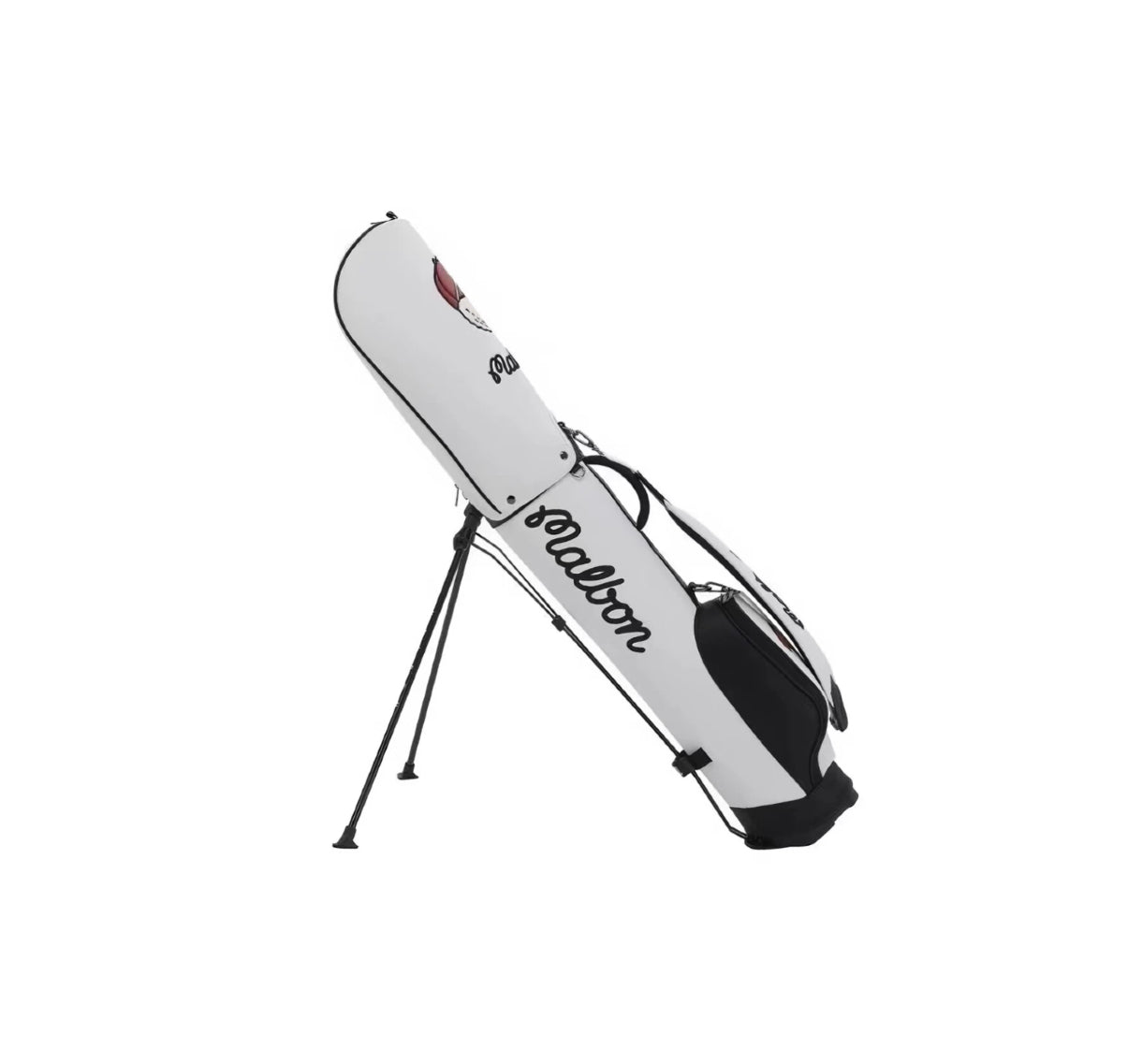 Angled view of the black Malbon Golf Stand Bag with extended legs, highlighting its durable waterproof PU material, signature "Malbon" branding, and dual hat holders for convenient accessory storage.