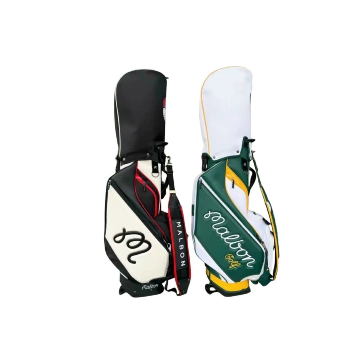Rear profile of Malbon Golf Stand Bags showing the dual shoulder strap system for comfortable carrying, back panel padding, and sleek silhouette.