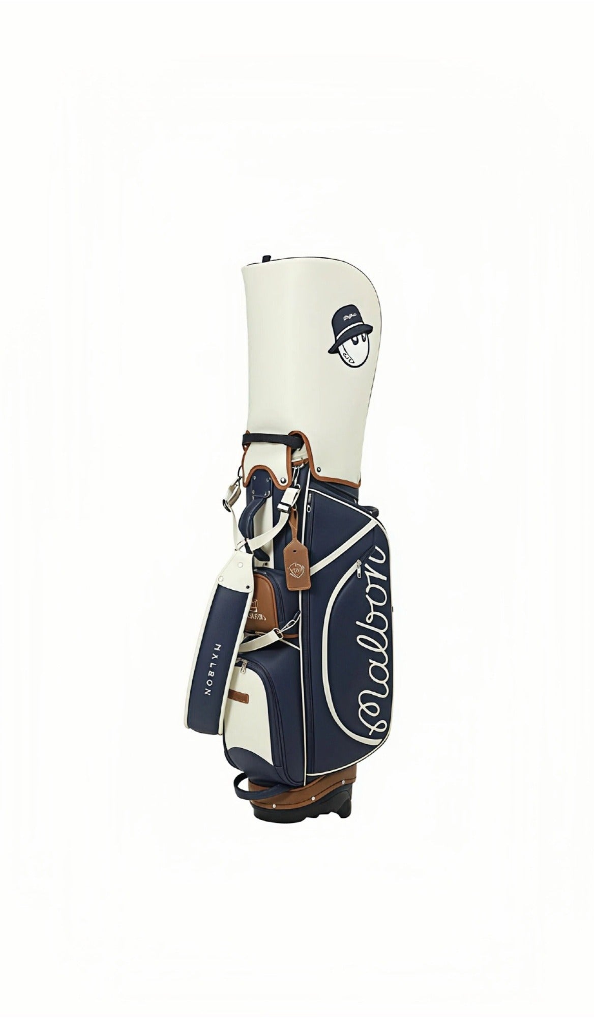 Malbon golf stand bag in navy blue and white color scheme, with waterproof material, ample storage space, and a trendy look with a cartoon golf ball mascot in a navy hat, ideal for unisex use on the golf course.