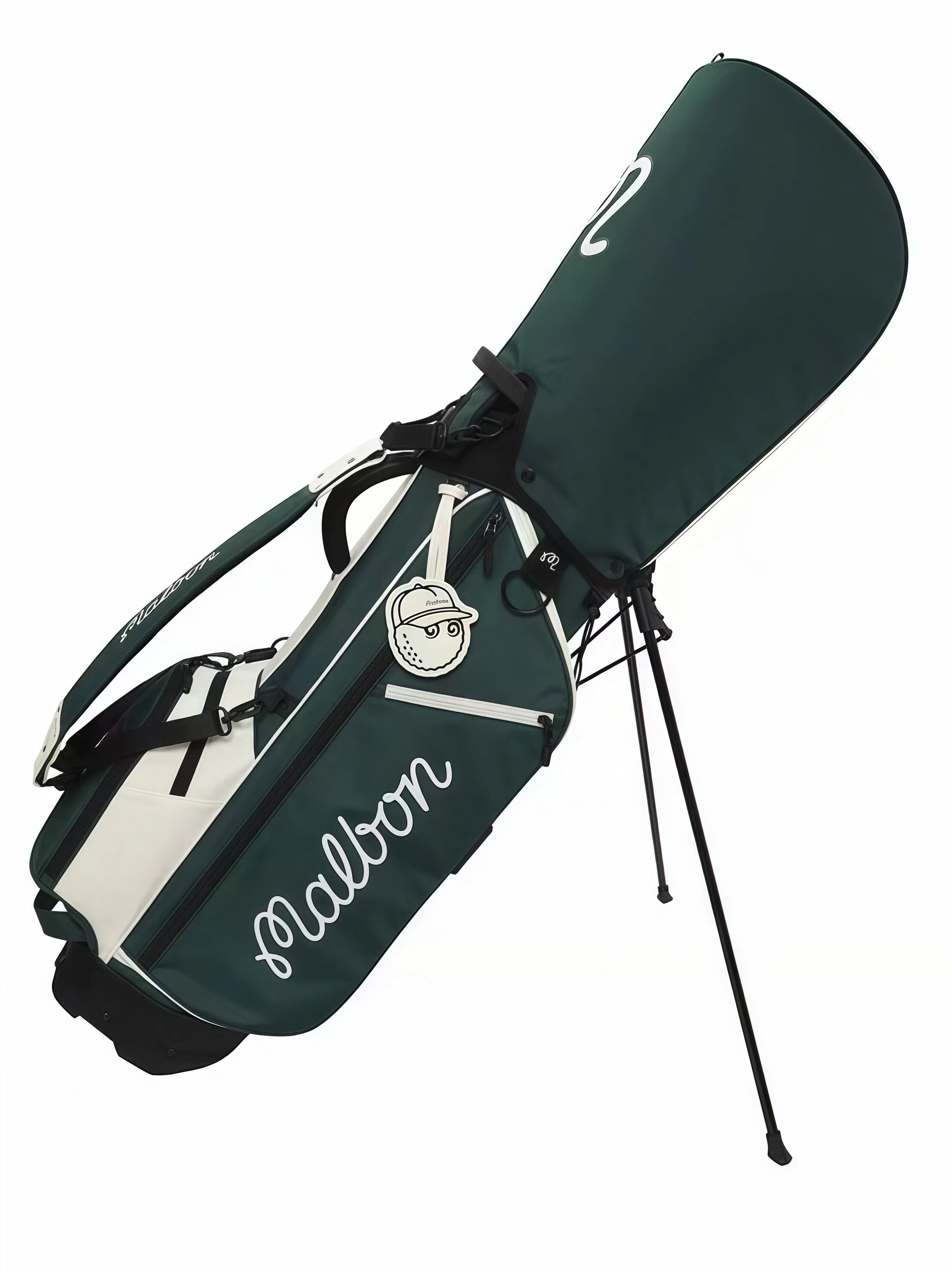 Angled view of Malbon Golf stand bag with deployed dual stand legs, ergonomic shoulder strap, and lightweight PU leather construction for easy transport.
