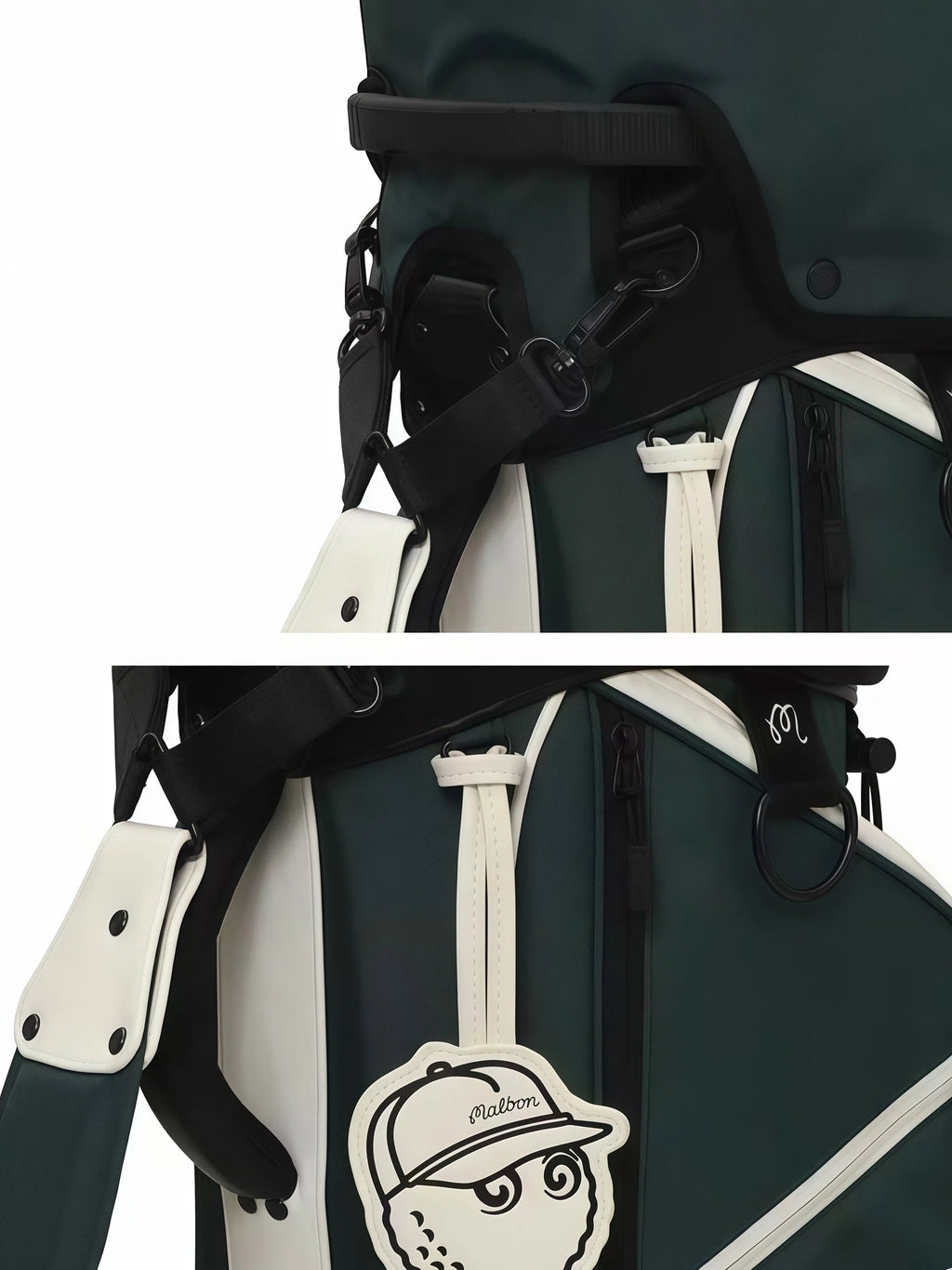 Close-up of Malbon Golf stand bag showing adjustable shoulder strap with "Malbon" script embroidery and branded golf ball character tag attached to the front.